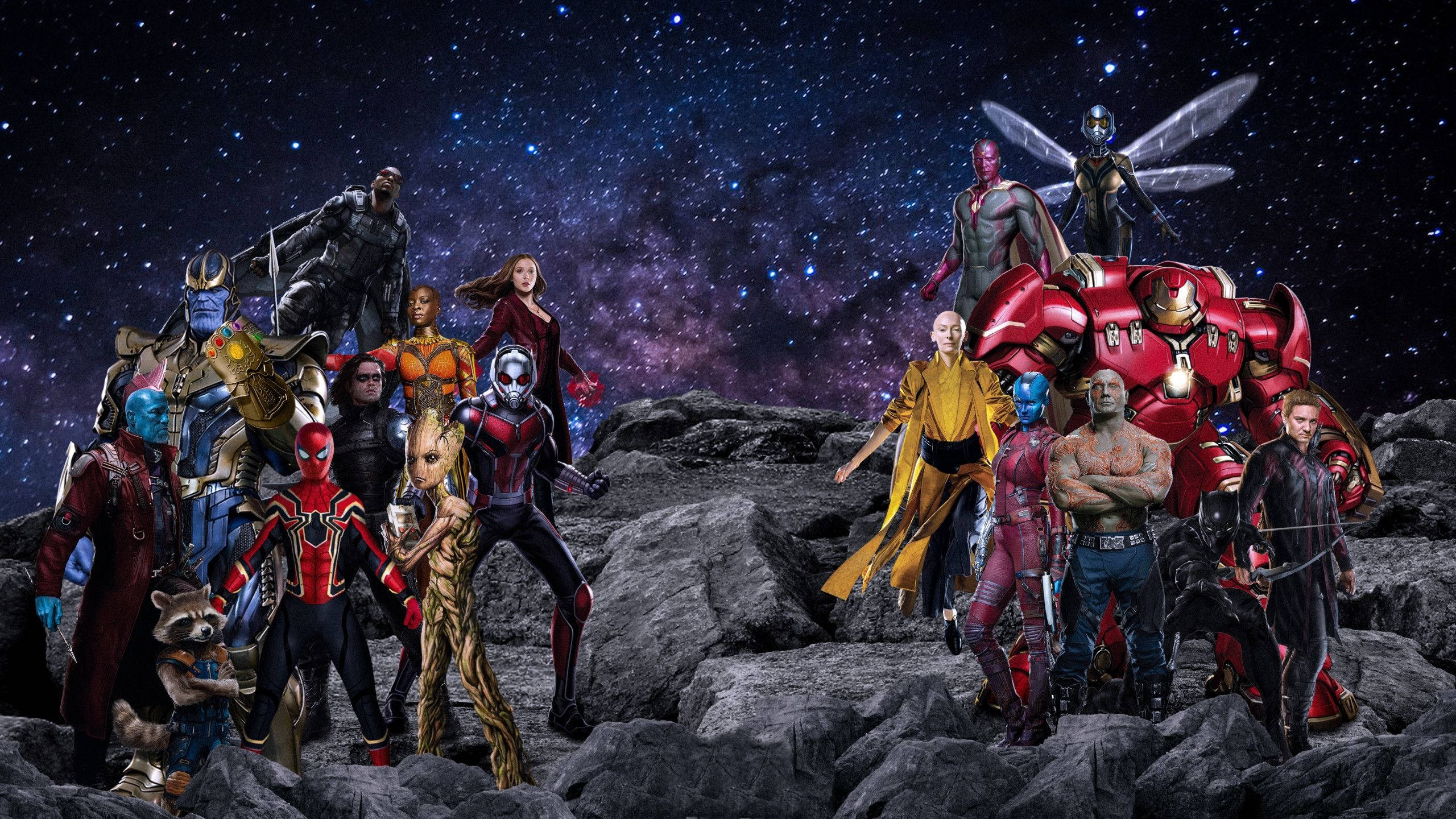 Best Avengers 桌布 壁紙 — 一群Marvel超級英雄和反派英雄地站在岩石地形上，背景是繁星點點的宇宙天空。