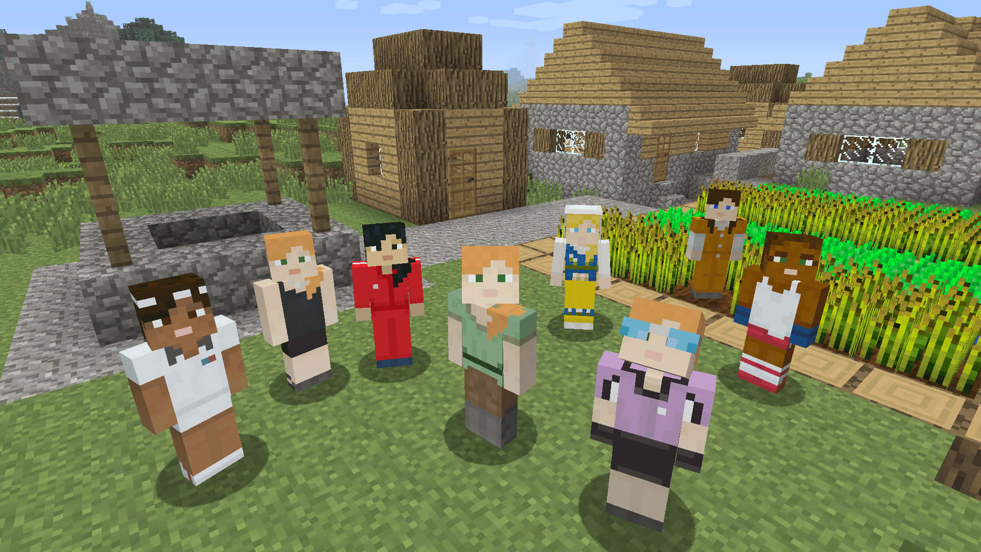 Minecraft Server 桌布 壁紙 — 一群Minecraft村民站在一個有草地、木屋和石屋的村莊，天空清澈湛藍。