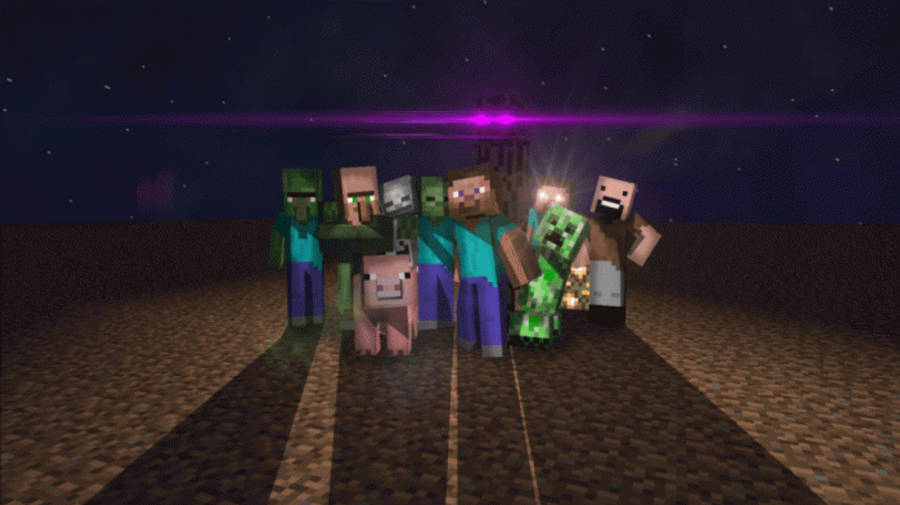 豬 桌布 壁紙 — 一群Minecraft角色，包括喪屍和一隻豬，站在星空夜空下，地平線發出紫色光芒。