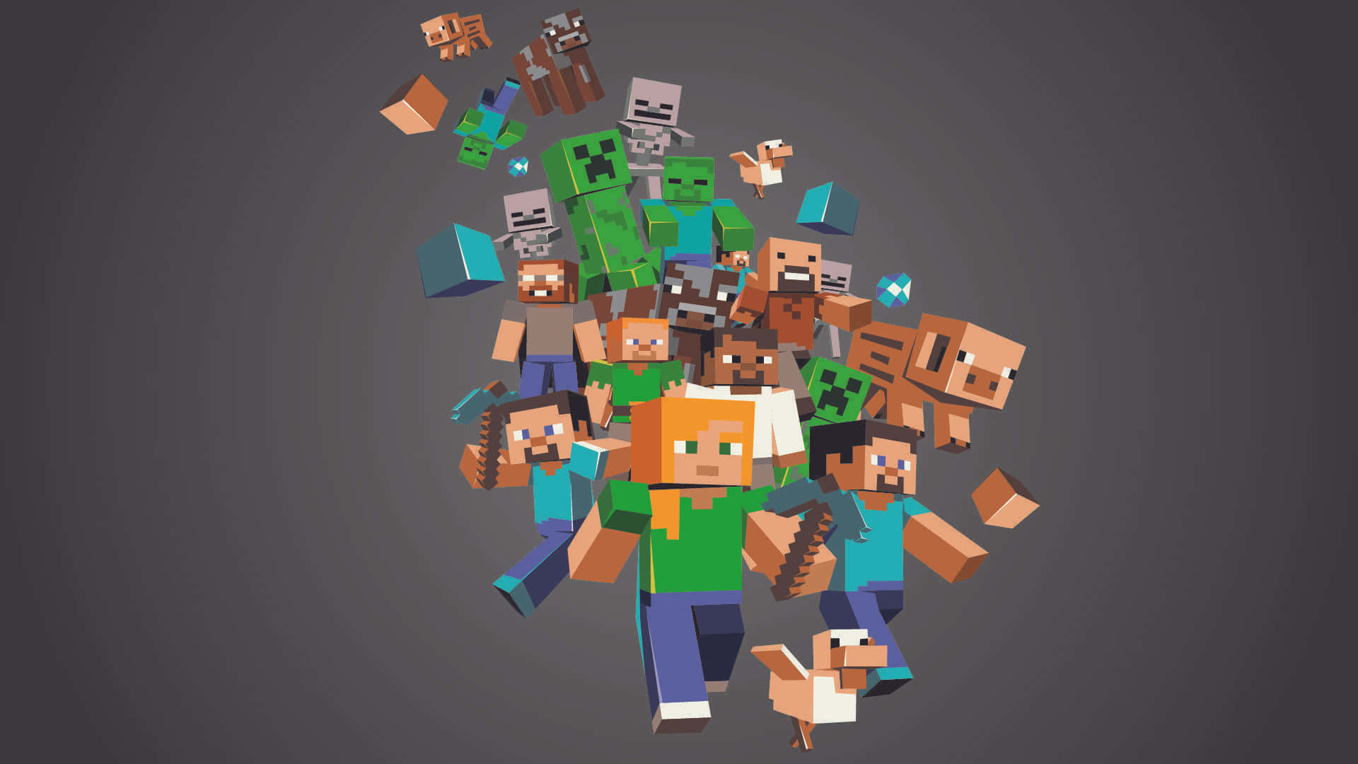 Cool Minecraft 桌布 壁紙 — 一群Minecraft角色和生物以方塊3D風格從深灰色背景中爆發出來的動態組合。