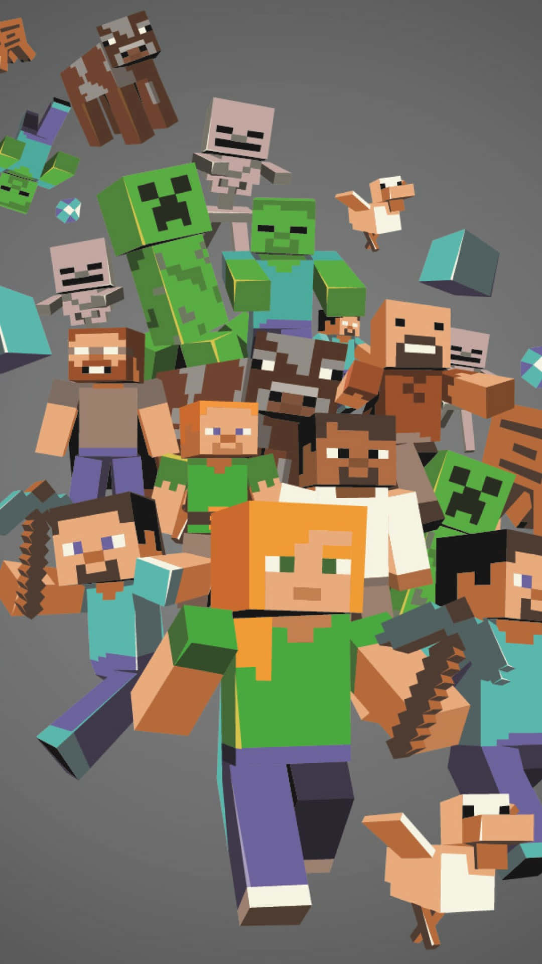 Minecraft Phone 桌布 壁紙 — 一群Minecraft角色和生物以標誌性的方塊像素藝術風格動態聚集在純灰色背景上。