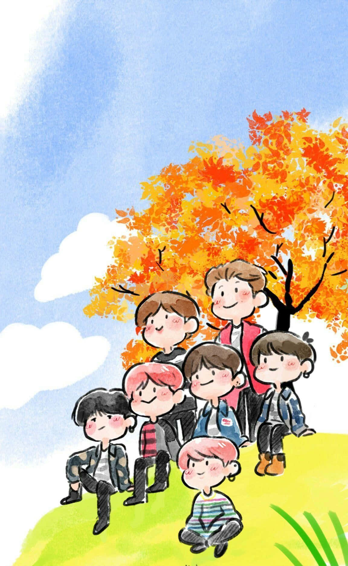 Bts Fanart 桌布 壁紙 — 一群七個孩子愉快地坐在陽光普照的山丘上，一棵鮮豔的橙色秋樹下，背景是明亮的藍天。