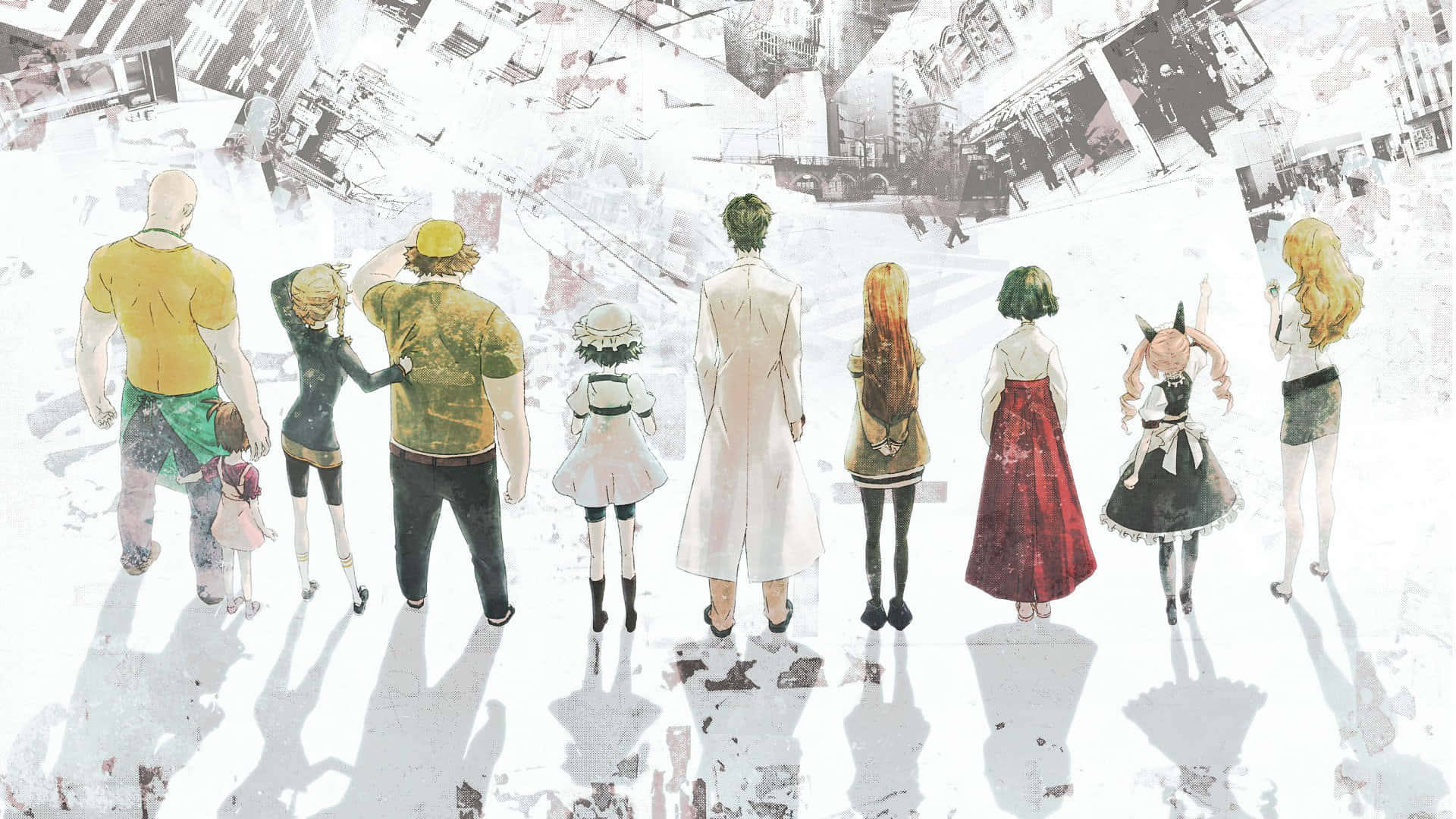 Steins Gate 桌布 壁紙 — 一群不同的動漫角色從背後觀看，站在一個超現實、破碎的城市景觀中，以柔和的水彩調呈現。