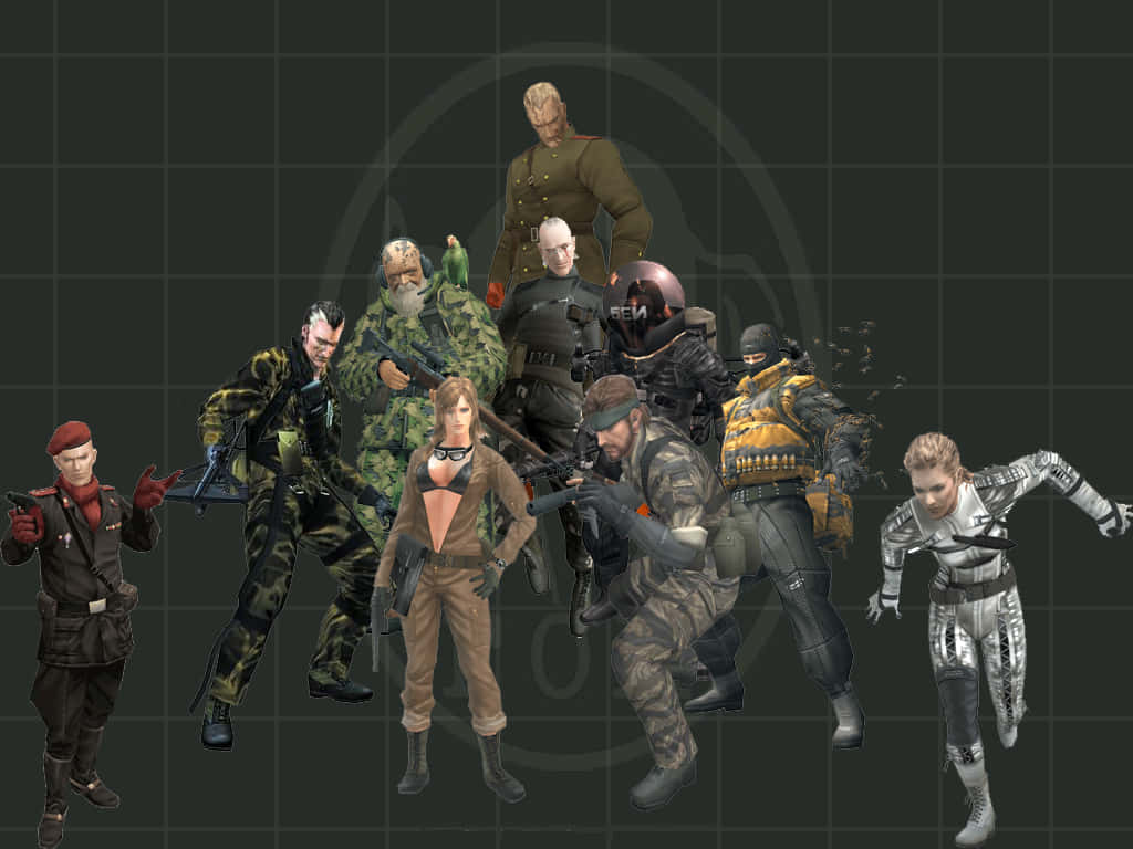 Metal Gear Solid Characters 桌布 壁紙 — 一群不同種類的武裝士兵和特勤人員身穿戰術裝備，在深色網格背景前動態擺姿勢。