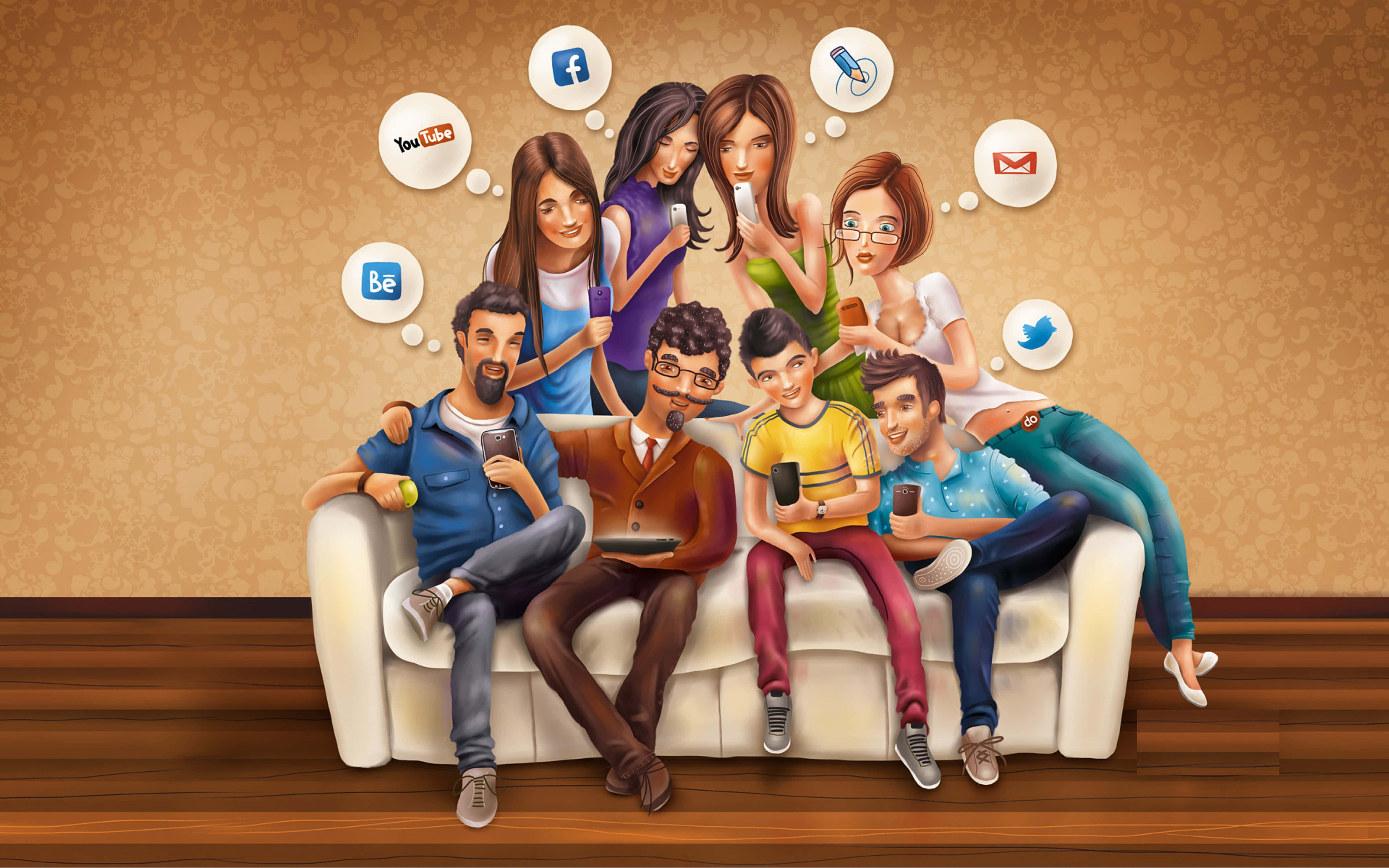 4K Social Media 桌布 壁紙 — 一群不同背景的人喺一個燈光溫暖嘅房間入面，喺一張白色梳化上放鬆，周圍係社交媒體應用程式圖示。