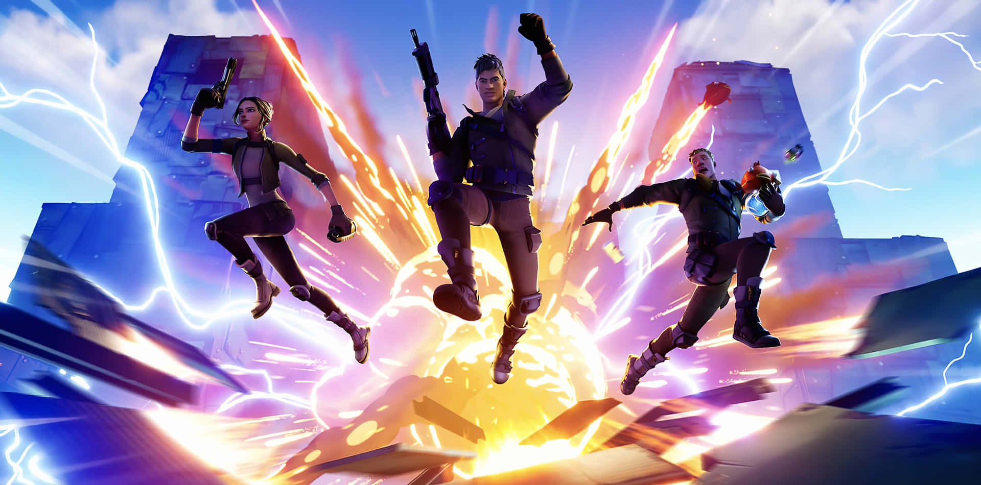三個 Fortnite 角色跳過一個發光的爆炸，帶有閃電和廢墟。