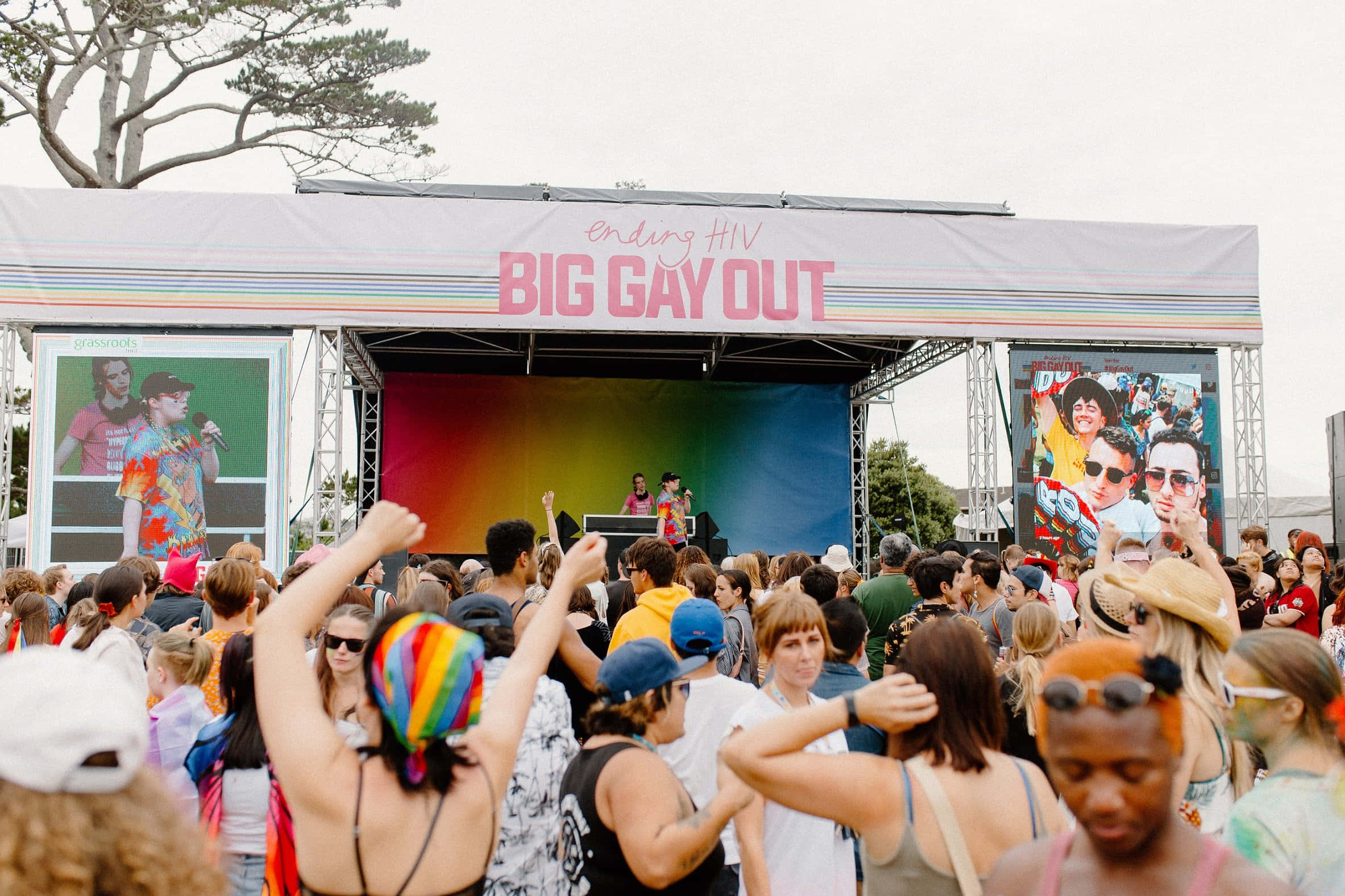 一群人在節日活動中，手持寫著「Big Gay Out」的標語牌 壁紙