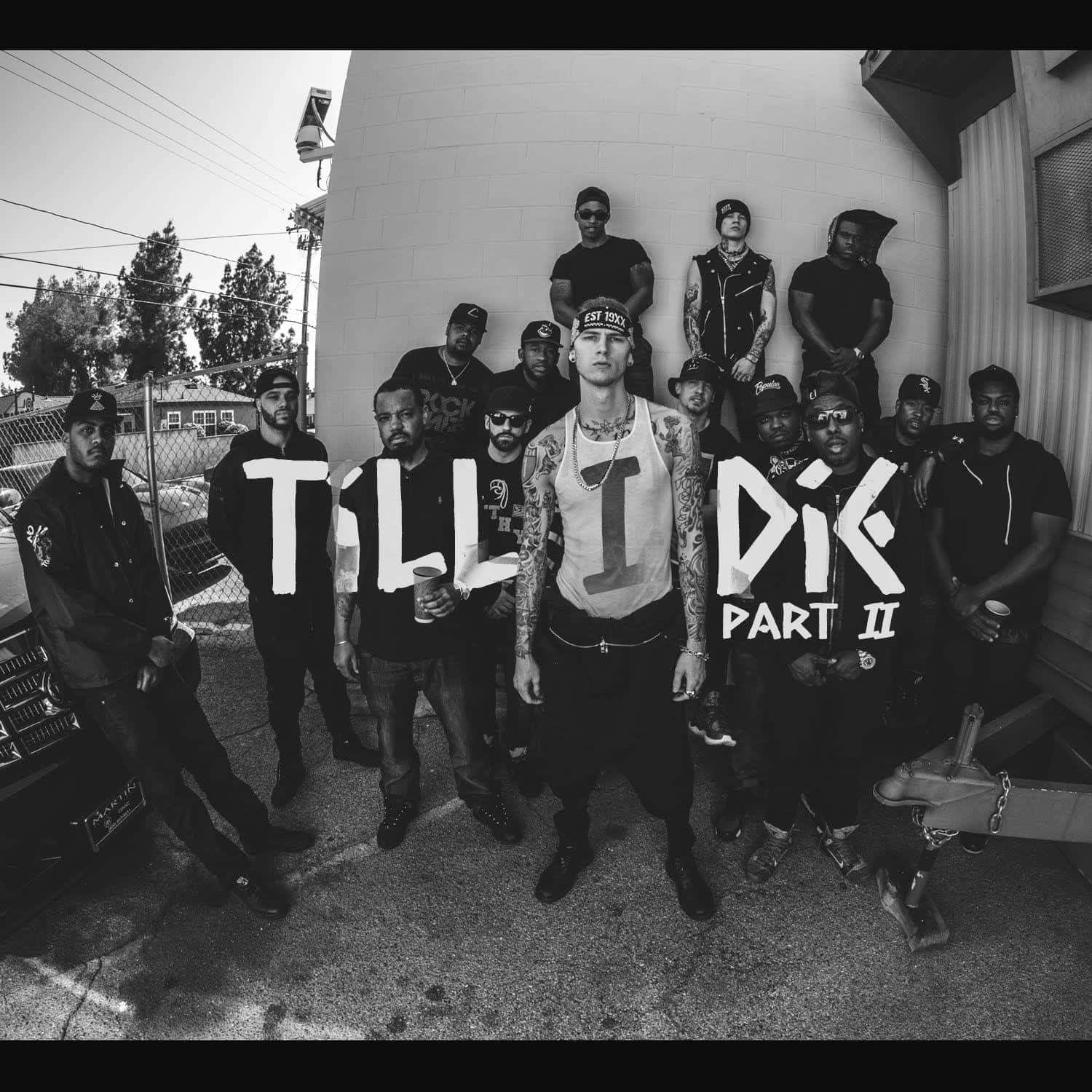 一群人站在一棟建築物前，上面寫著「Till DK Part II」 壁紙