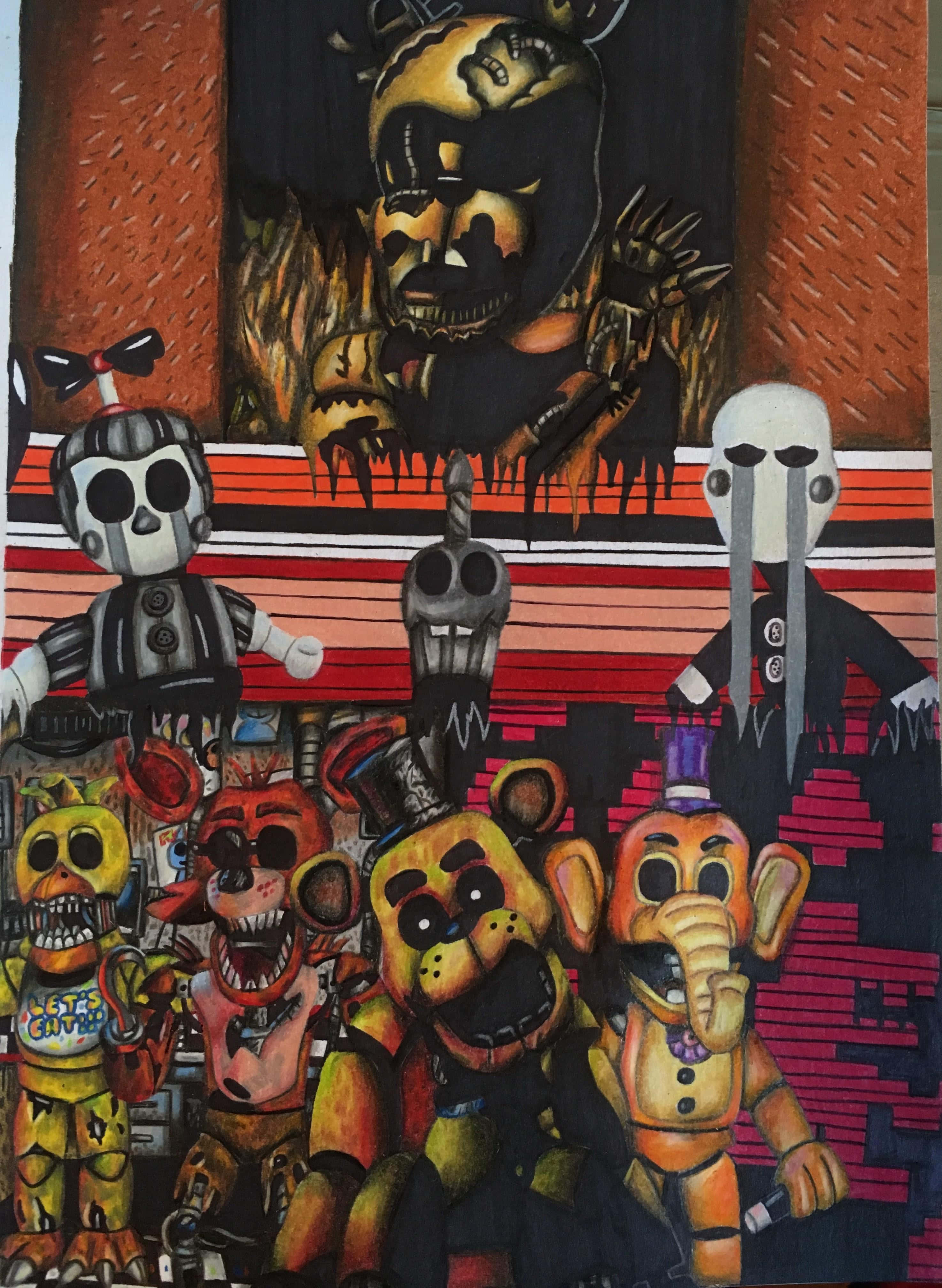 Ultimate Custom Night 桌布 壁紙 — 一群來自《Five Nights at Freddy's》的威脅性機械動物角色站在熾熱的背景前，上方有一個巨大的金色機械動物。