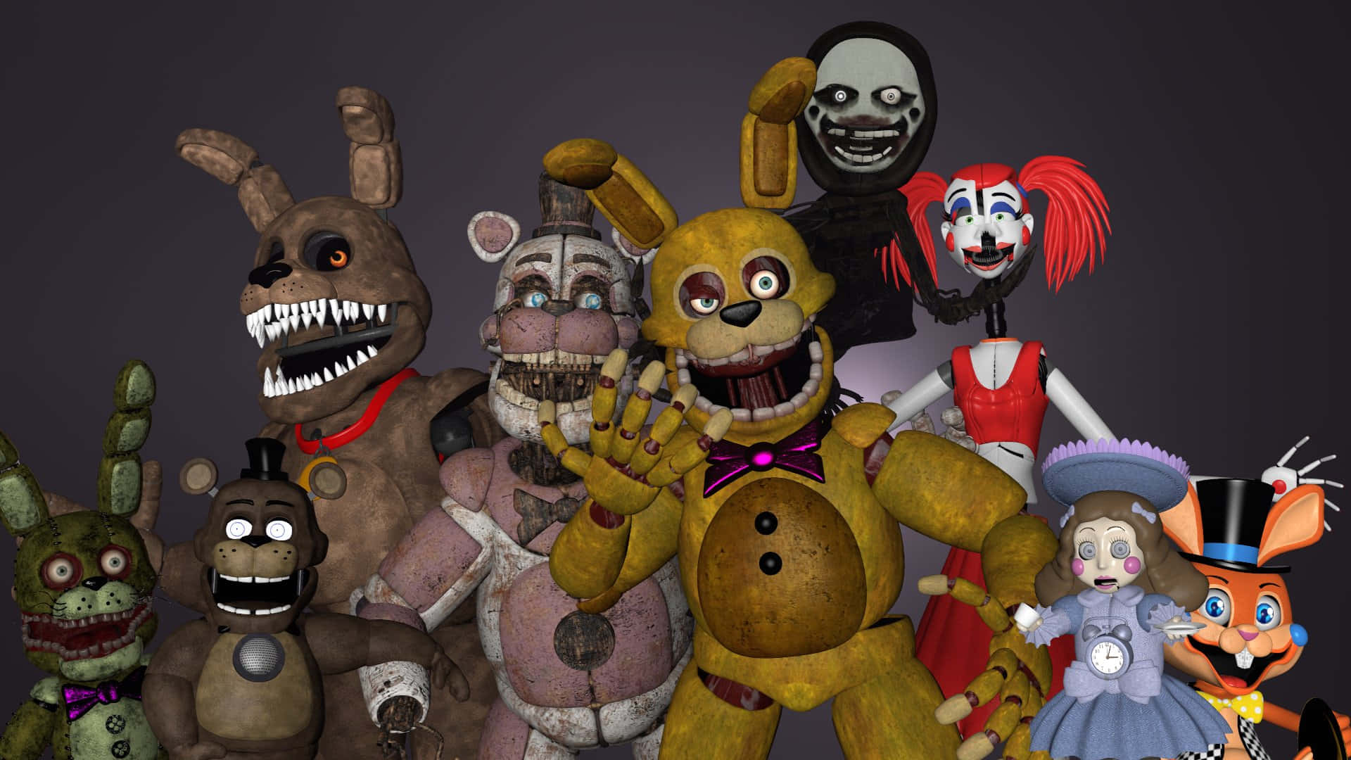 Fazbear Frights 桌布 壁紙 — 一群來自《Five Nights at Freddy's》的威脅性電子動畫角色在黑暗背景前站在一起。