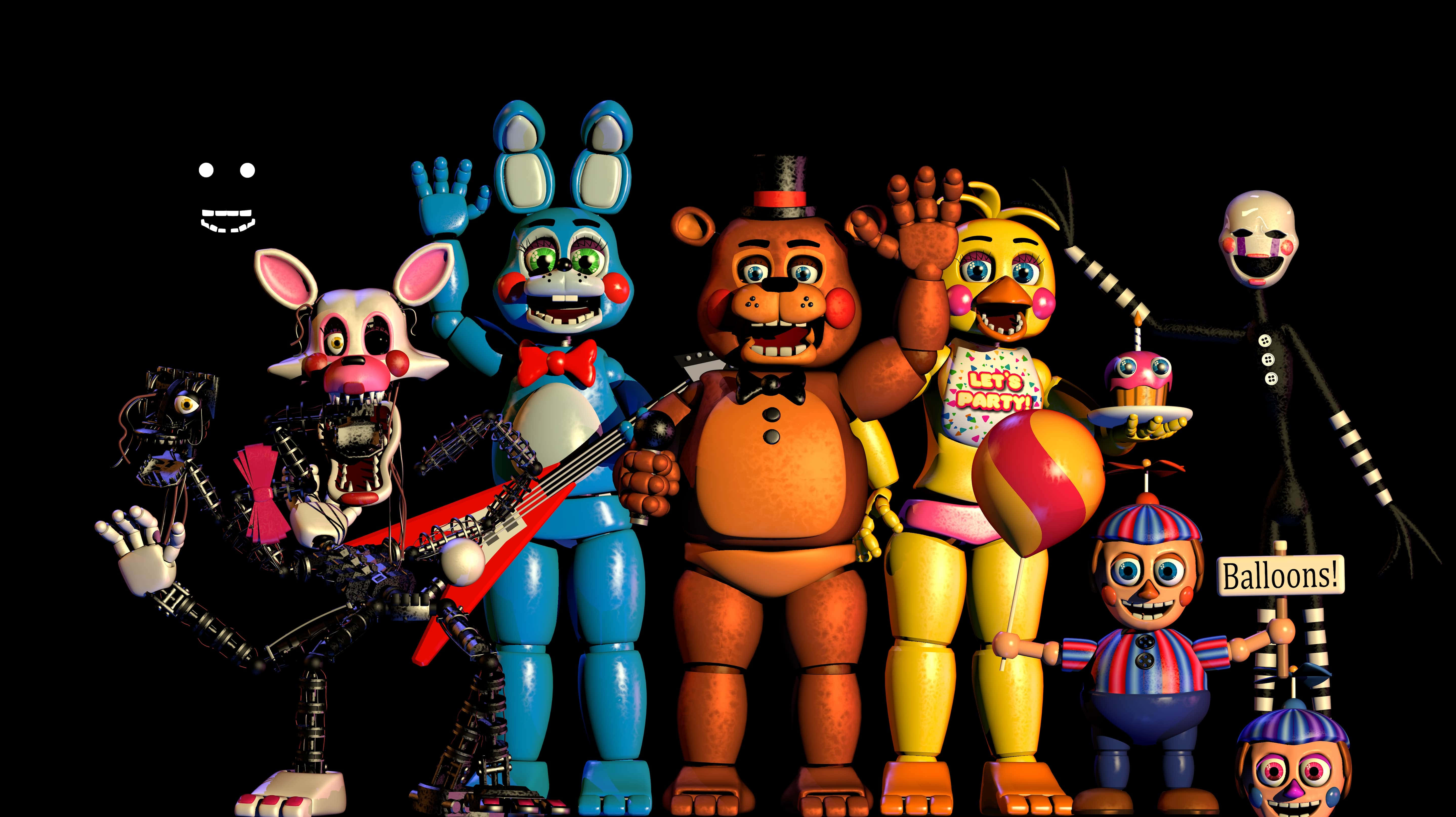 Animatronics 桌布 壁紙 — 一群來自《Five Nights at Freddy's》色彩繽紛的電子動畫角色在黑色背景前愉快地擺姿勢。