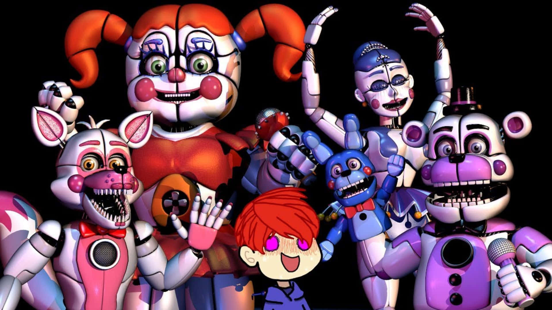 Fnaf Sister Location 桌布 壁紙 — 一群來自《Five Nights at Freddy's》的電子動畫角色在黑色背景前愉快地擺姿勢。