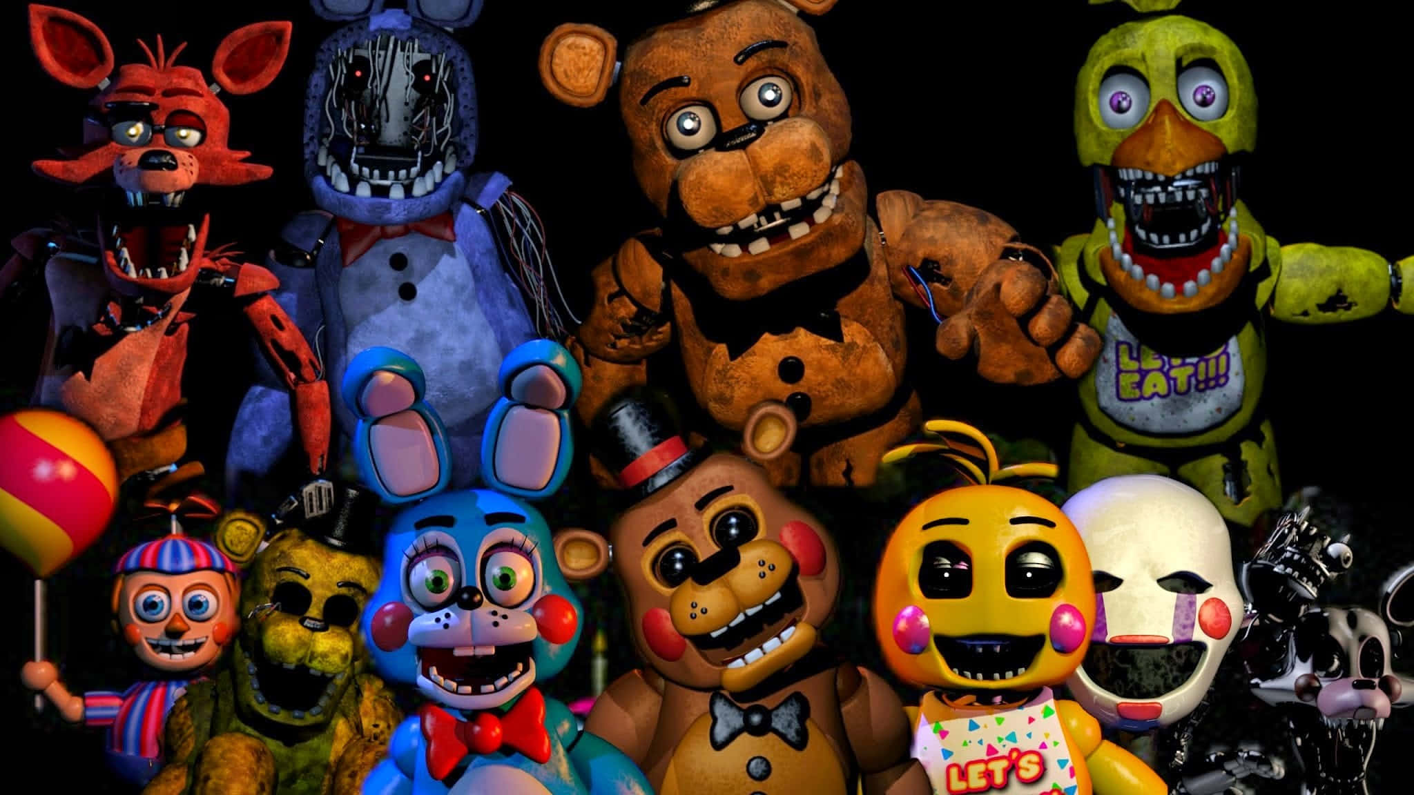 Animatronics 桌布 壁紙 — 一群來自《Five Nights at Freddy's》的恐怖機械人偶角色，在黑色背景前睜大眼睛、露出尖牙，充滿威脅地凝視著。