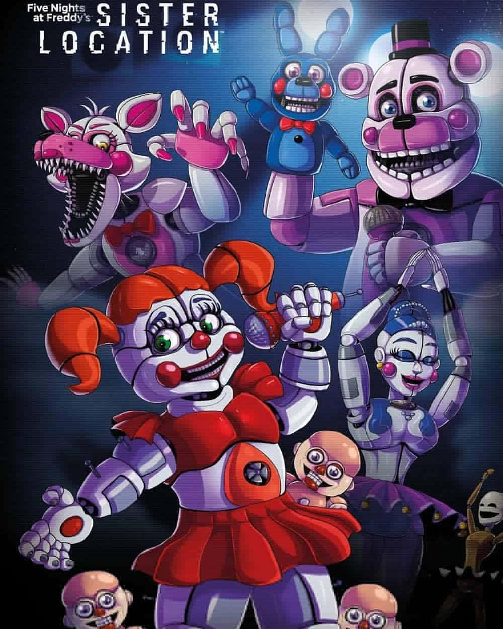 Funtime Freddy 桌布 壁紙 — 一群來自《Five Nights at Freddy's Sister Location》的威脅性機械人偶角色在深藍色背景上咧嘴笑並做手勢。