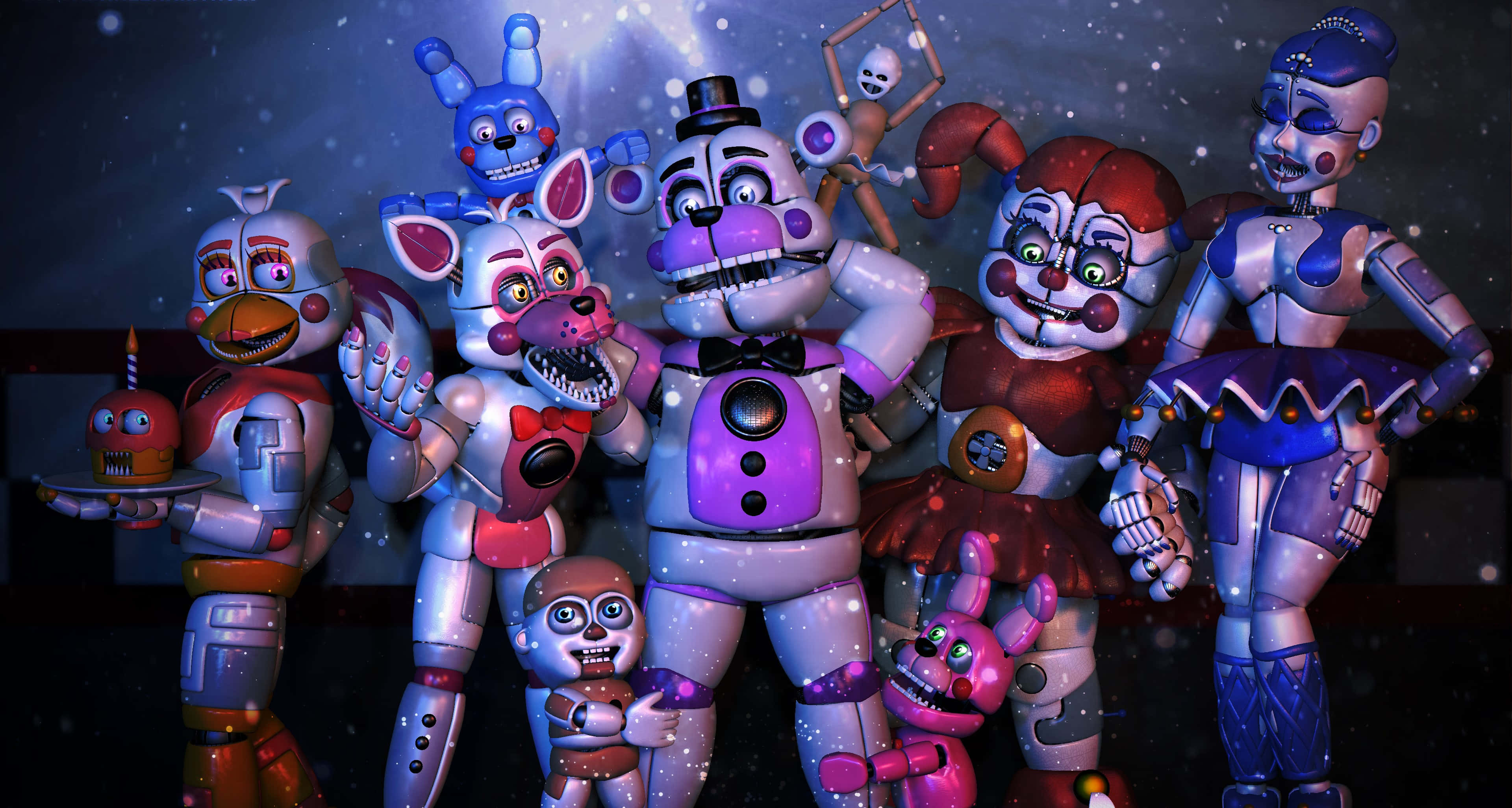 Animatronics 桌布 壁紙 — 一群來自《Five Nights at Freddy's》的電子動畫角色，在星光燦爛的夜空下站在一起，眼睛發光，身體金屬質感。