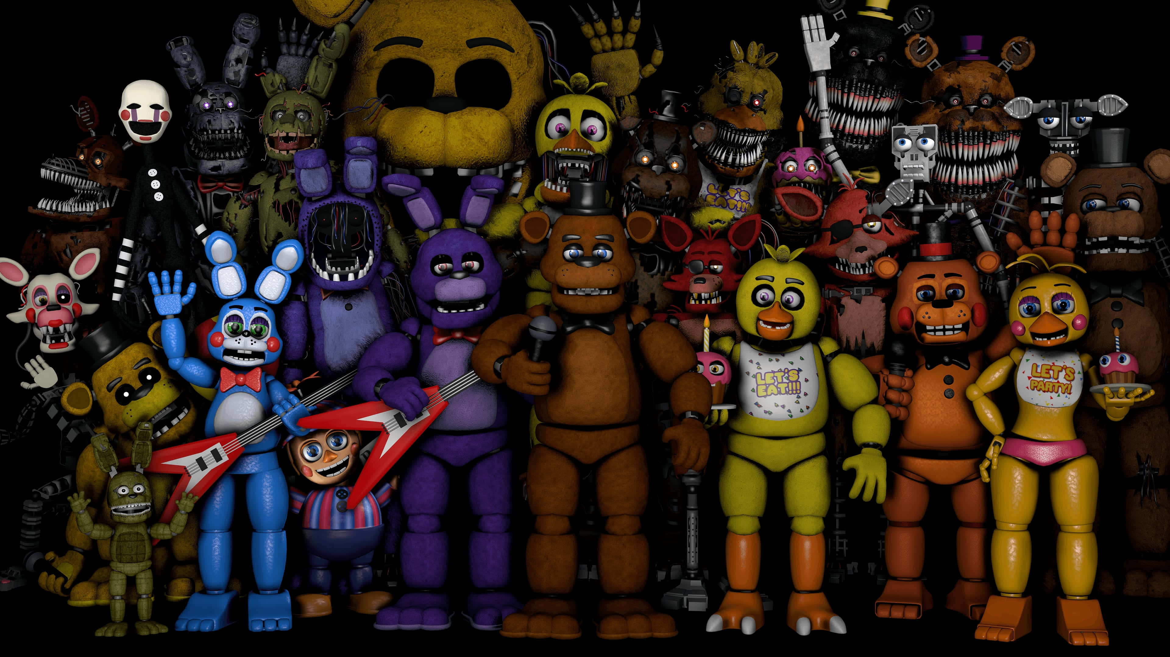 Animatronics 桌布 壁紙 — 一群來自《Five Nights at Freddy's》的威脅性電子動畫角色站在黑色背景前。