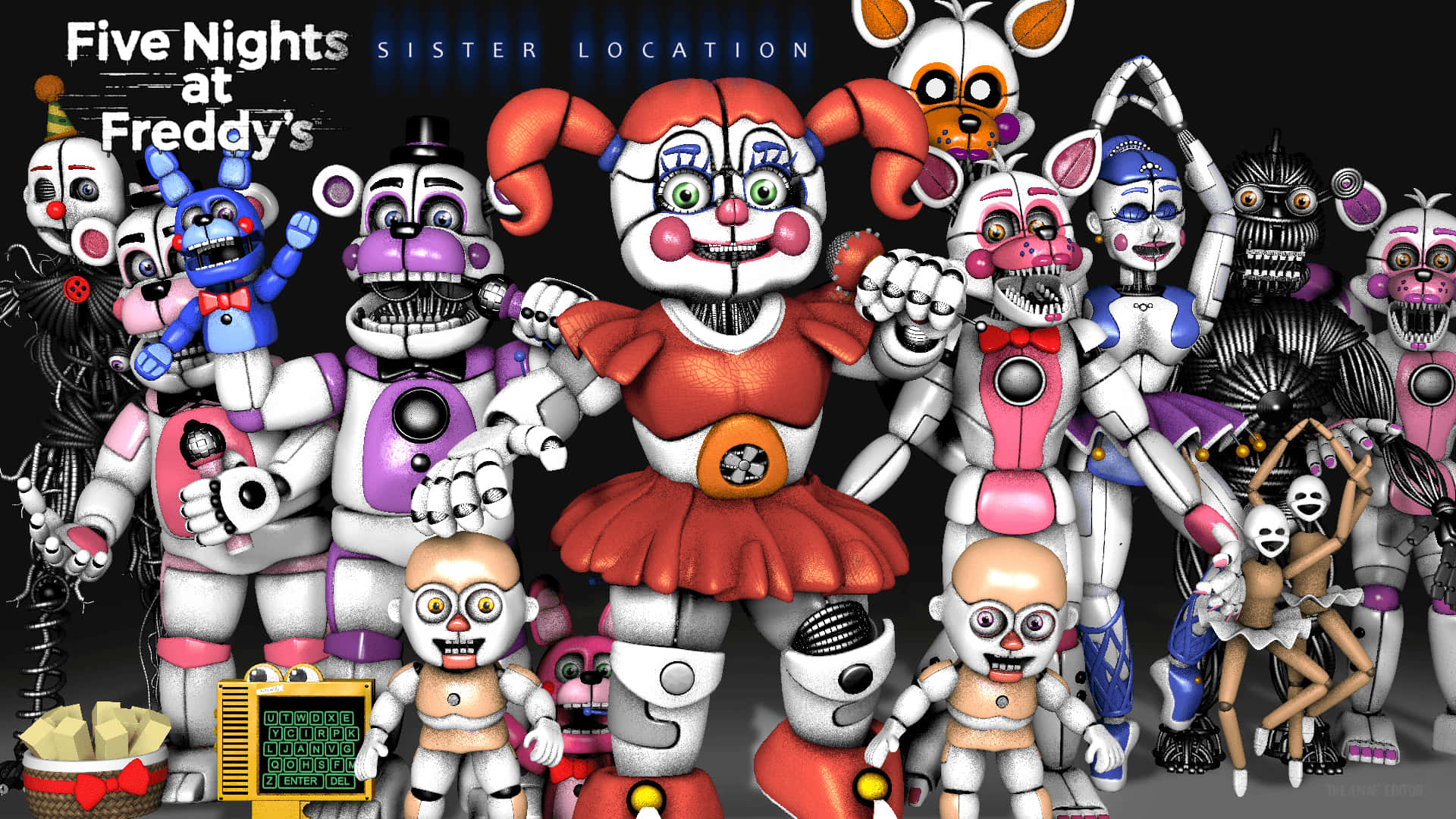 Animatronics 桌布 壁紙 — 一群來自《Five Nights at Freddy's》的恐怖機械人偶角色，在黑暗背景前擺出詭異的笑容。