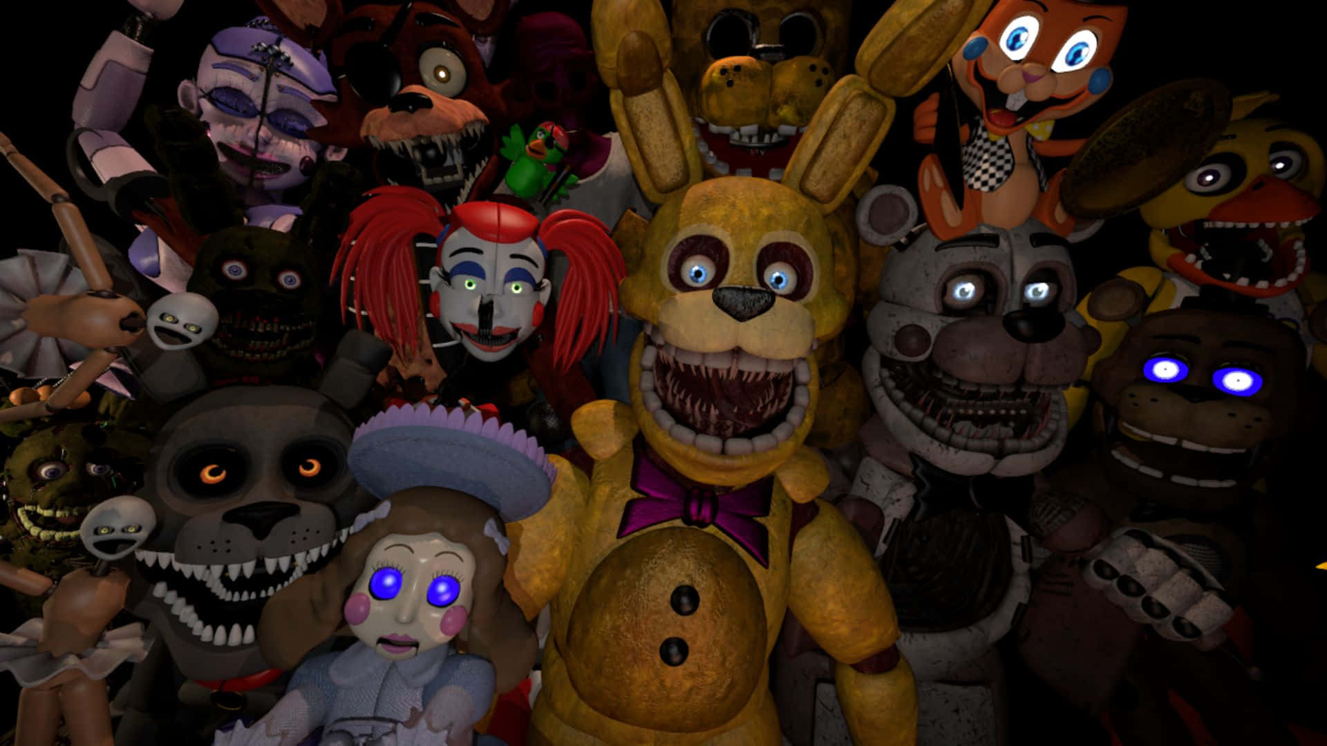 Fazbear Frights 桌布 壁紙 — 一群來自《Five Nights at Freddy's》的威脅性電子動畫角色，在黑暗環境中擁有發光的眼睛和鋒利的牙齒。