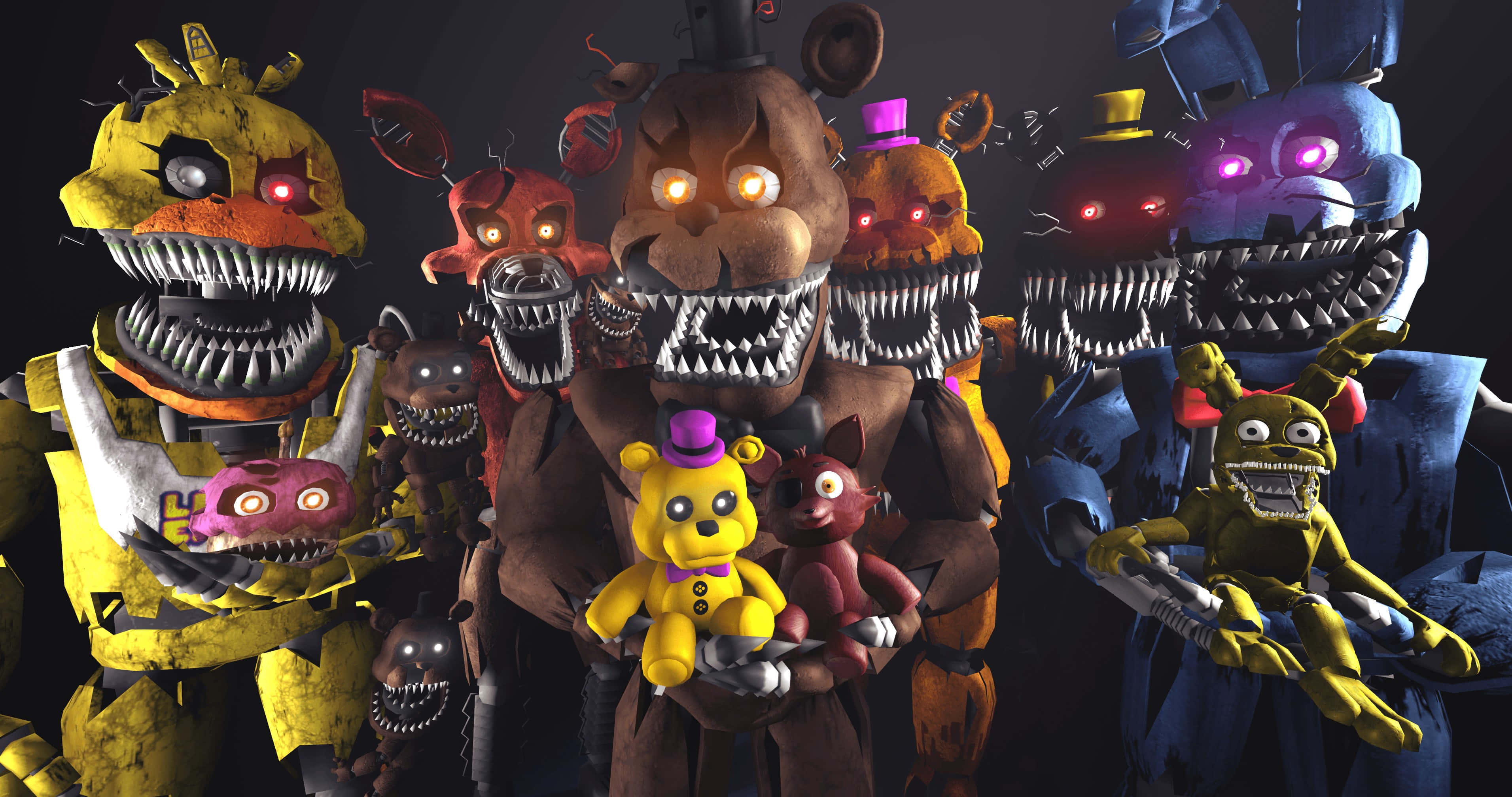 Animatronics 桌布 壁紙 — 一群來自《Five Nights at Freddy's》的威脅性電子動畫角色，擁有發光的眼睛和鋒利的牙齒。