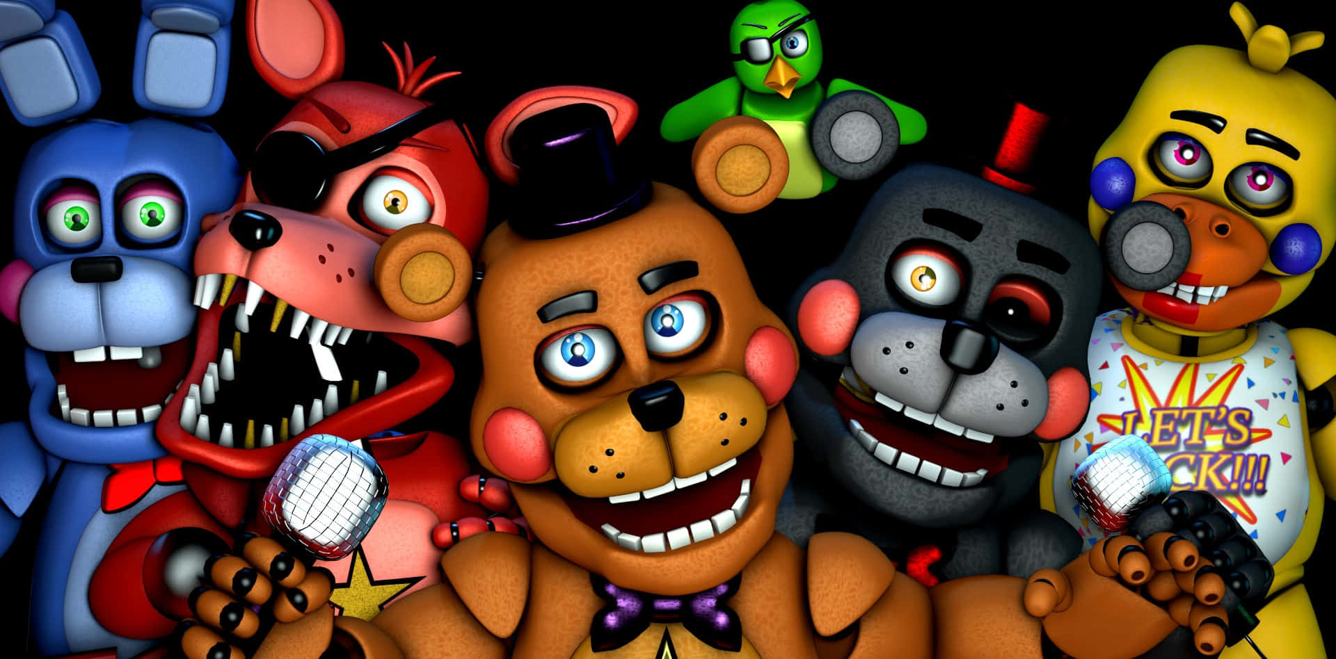 Animatronics 桌布 壁紙 — 一群來自《Five Nights at Freddy's》的電子動畫角色在黑色背景前手持麥克風擺姿勢。