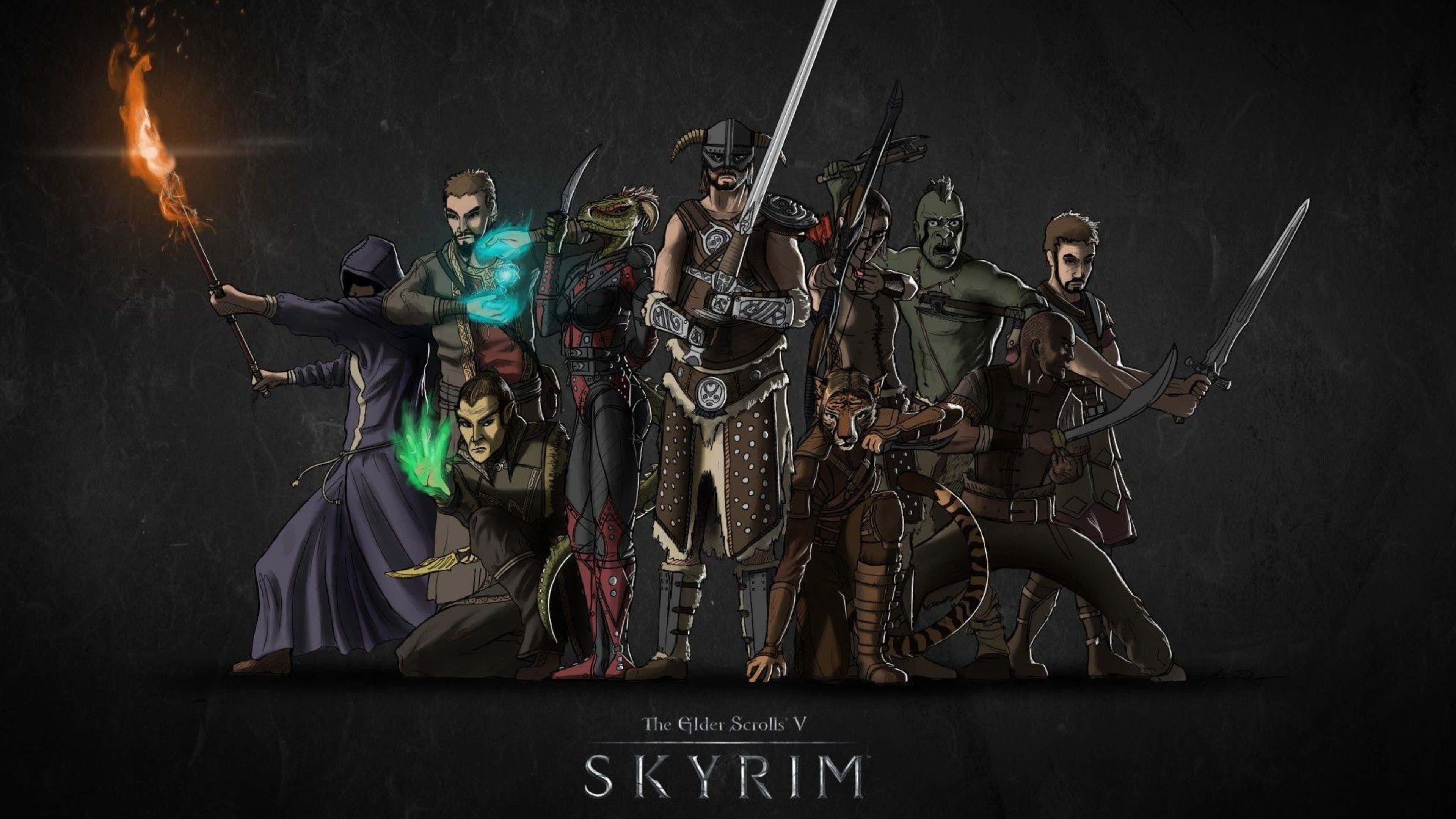The Elder Scrolls V Skyrim 桌布 壁紙 — 一群來自 Skyrim 的奇幻戰士和法師，在深色紋理背景前準備好武器和發光魔法。
