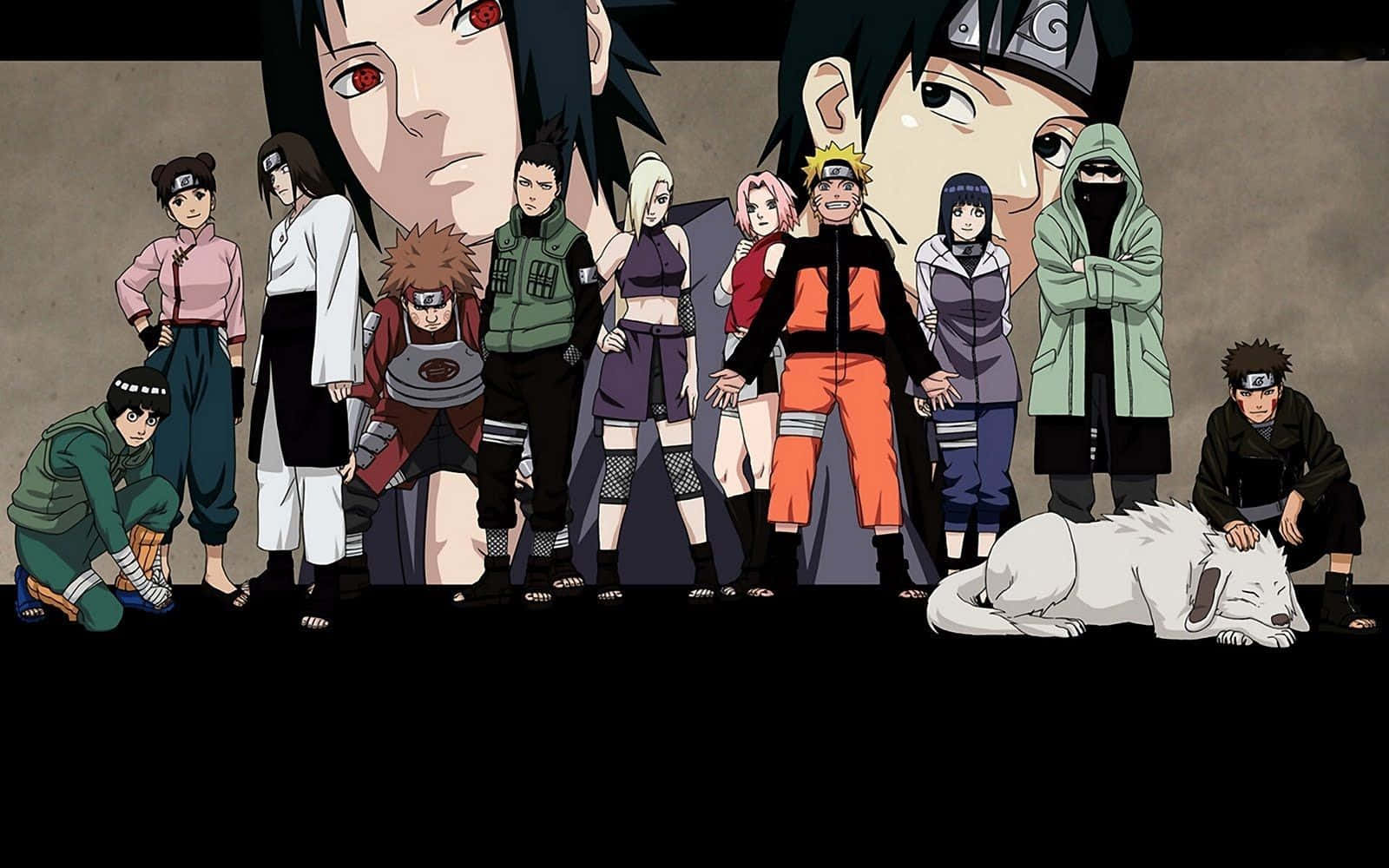 Naruto's Friend 桌布 壁紙 — 一群來自《火影忍者》的動漫角色站在一起，一隻白色的狗躺在他們的腳邊，背景是深色的。