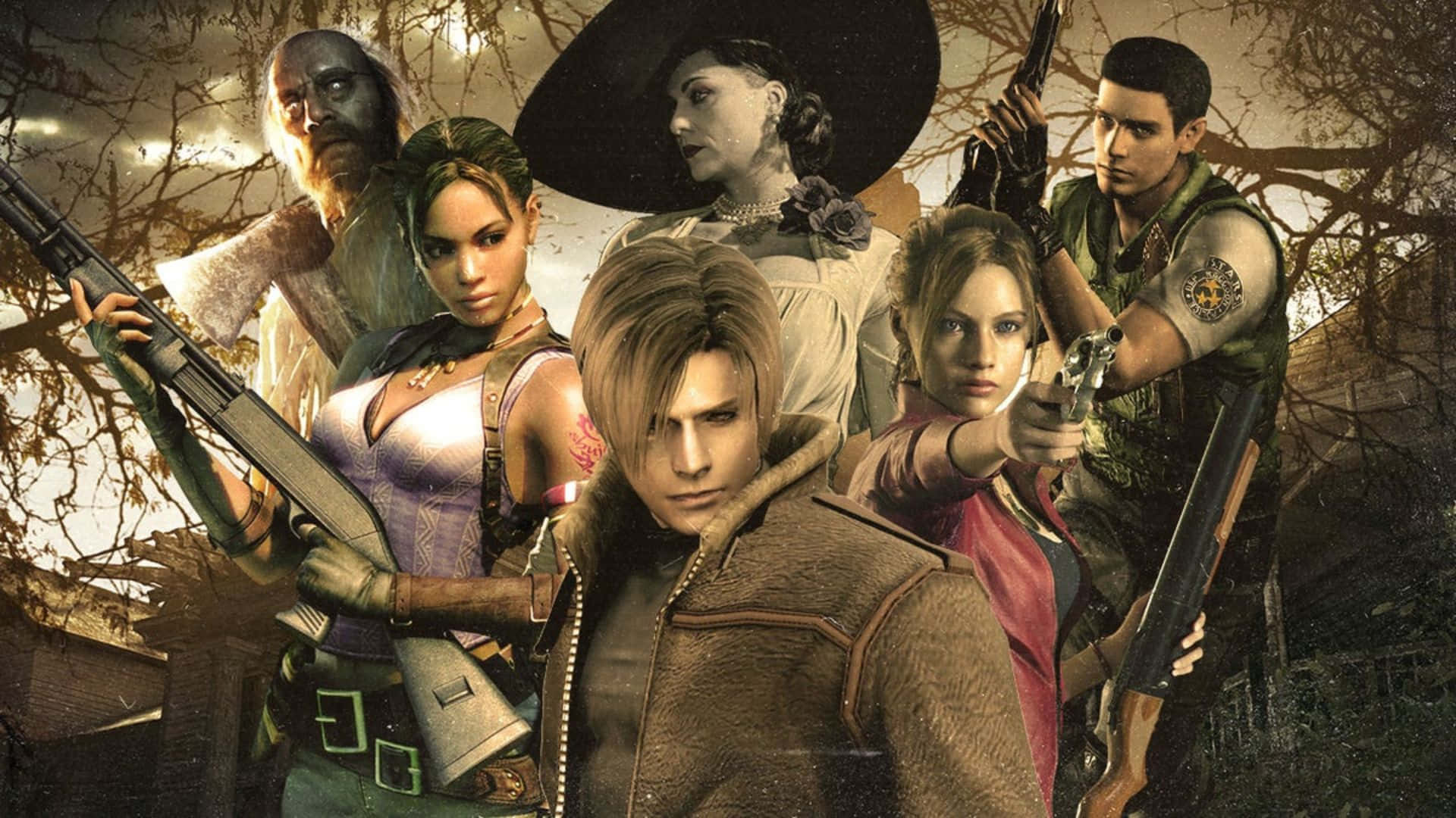 Resident Evil Characters 桌布 壁紙 — 一群來自《生化危機》的武裝倖存者在黃昏時分於腐朽的森林中嚴陣以待，表情緊張。