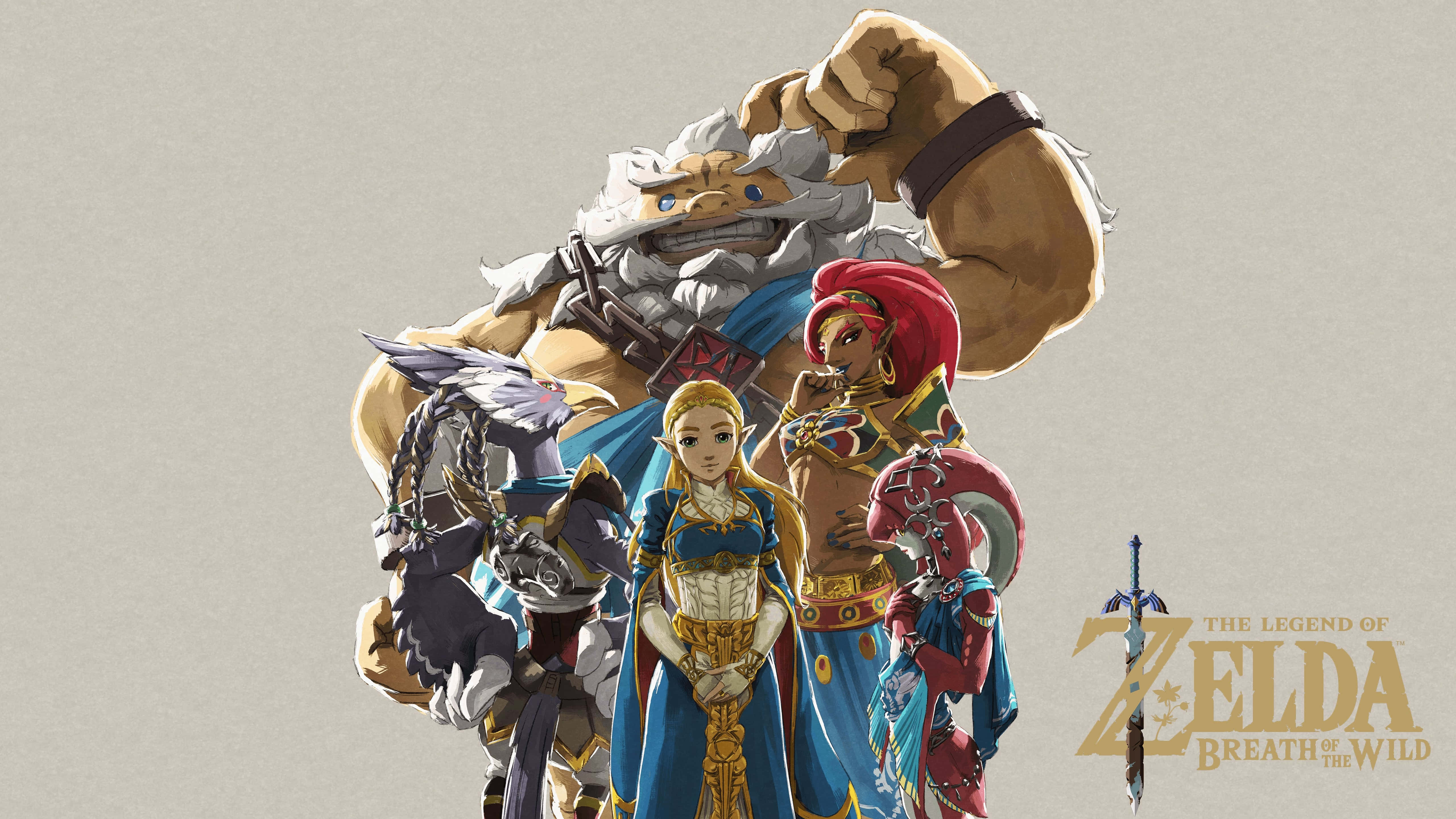 The Legend Of Zelda Daruk 桌布 壁紙 — 一群來自《薩爾達傳說 曠野之息》的英雄角色以動態姿勢站在純色背景前。