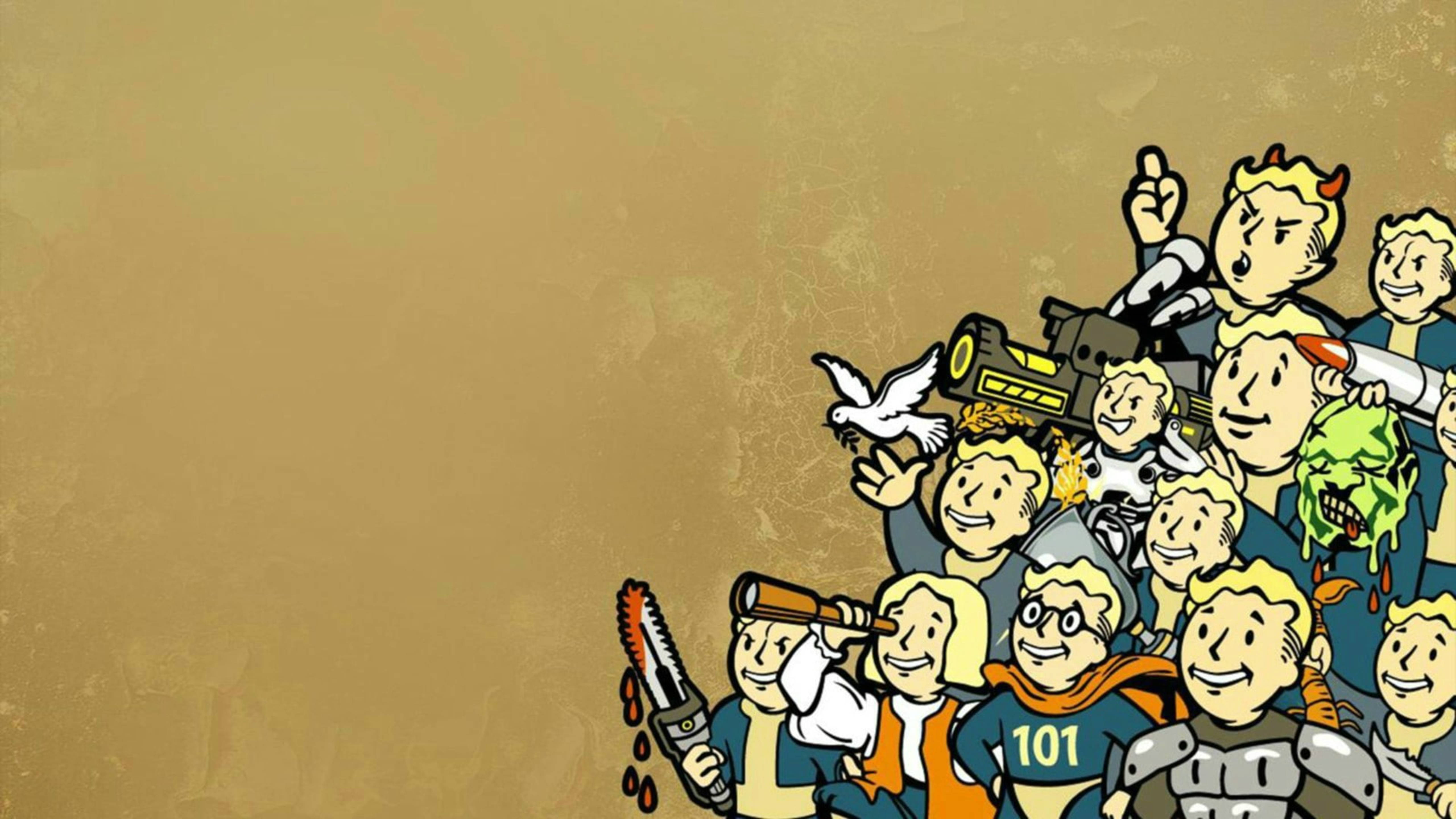 Fallout 4 桌布 壁紙 — 一群來自Fallout的避難所小子（Vault Boys）混亂地手持武器和一隻鴿子，背景是帶有紋理的米色。