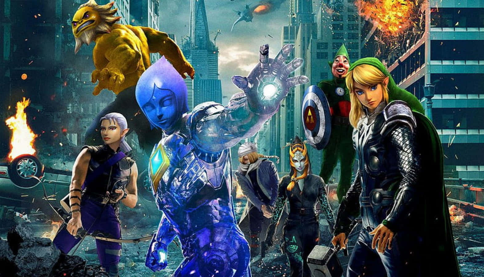 The Legend Of Zelda Characters 桌布 壁紙 — 一群來自電子遊戲和漫畫的標誌性英雄，在爆炸與混亂中，屹立於崩塌的未來城市景觀中。