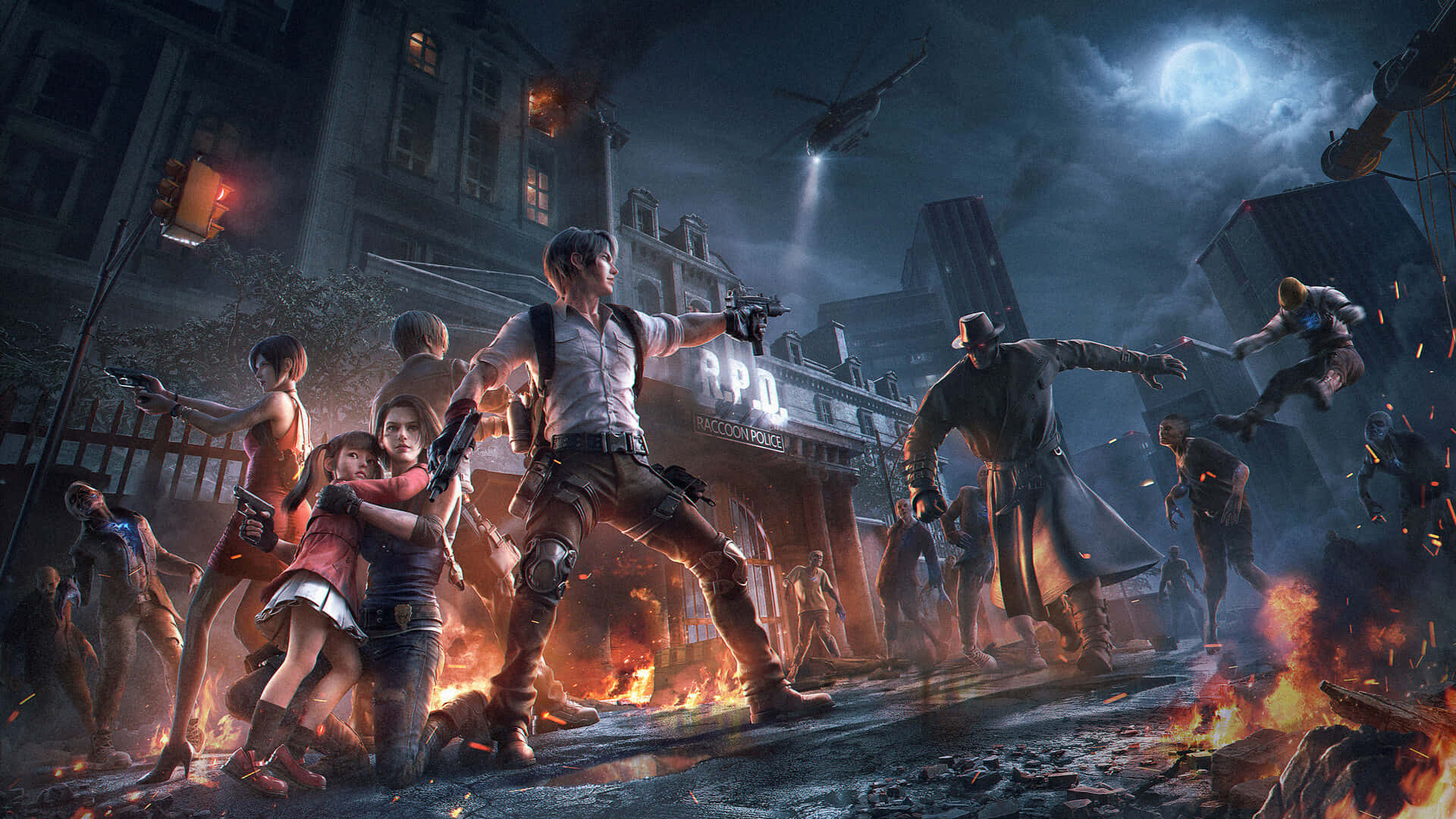 Resident Evil Characters 桌布 壁紙 — 一群倖存者在滿月下燃燒的城市街道上與喪屍搏鬥，頭頂有直升機盤旋。