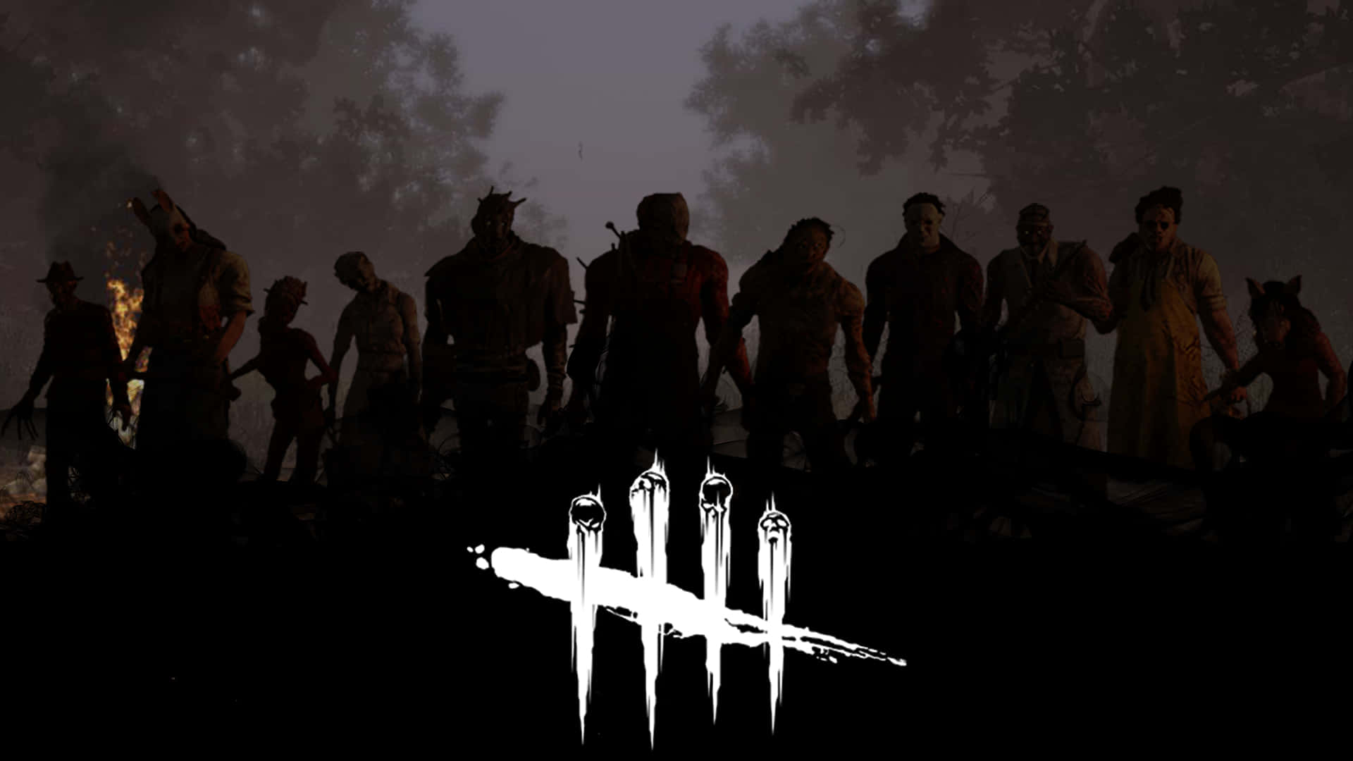 Dead By Daylight Killers 桌布 壁紙 — 一群像喪屍般的人物在黃昏時分的黑暗森林中站立，身後有發光的火焰，前景有一個白色風格化的標誌。