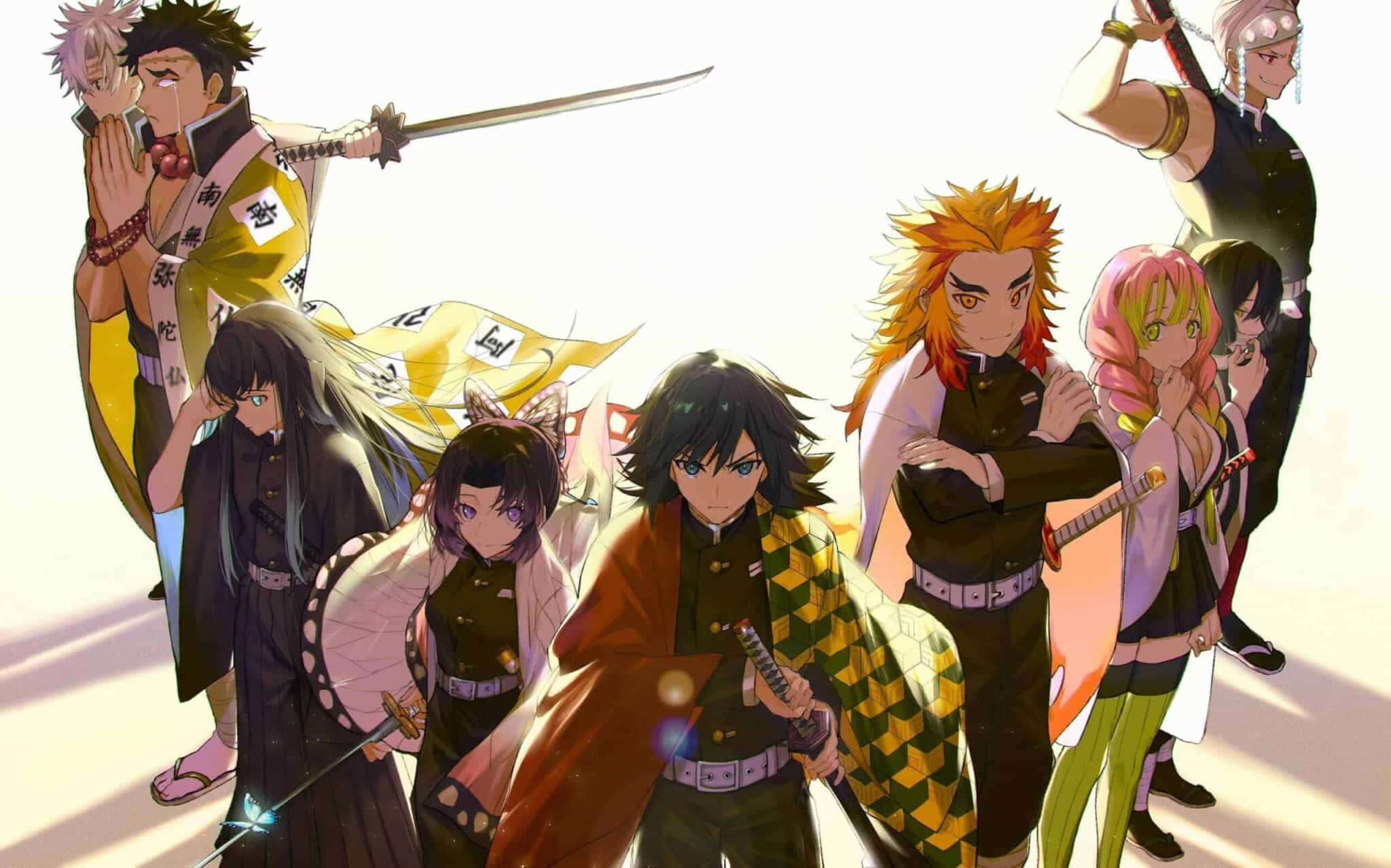 Demon Slayer Characters 桌布 壁紙 — 一群充滿動感的動畫角色，揮舞著劍的惡魔殺手，穿著鮮豔的傳統服裝，在明亮的背景下英勇地擺出姿勢。