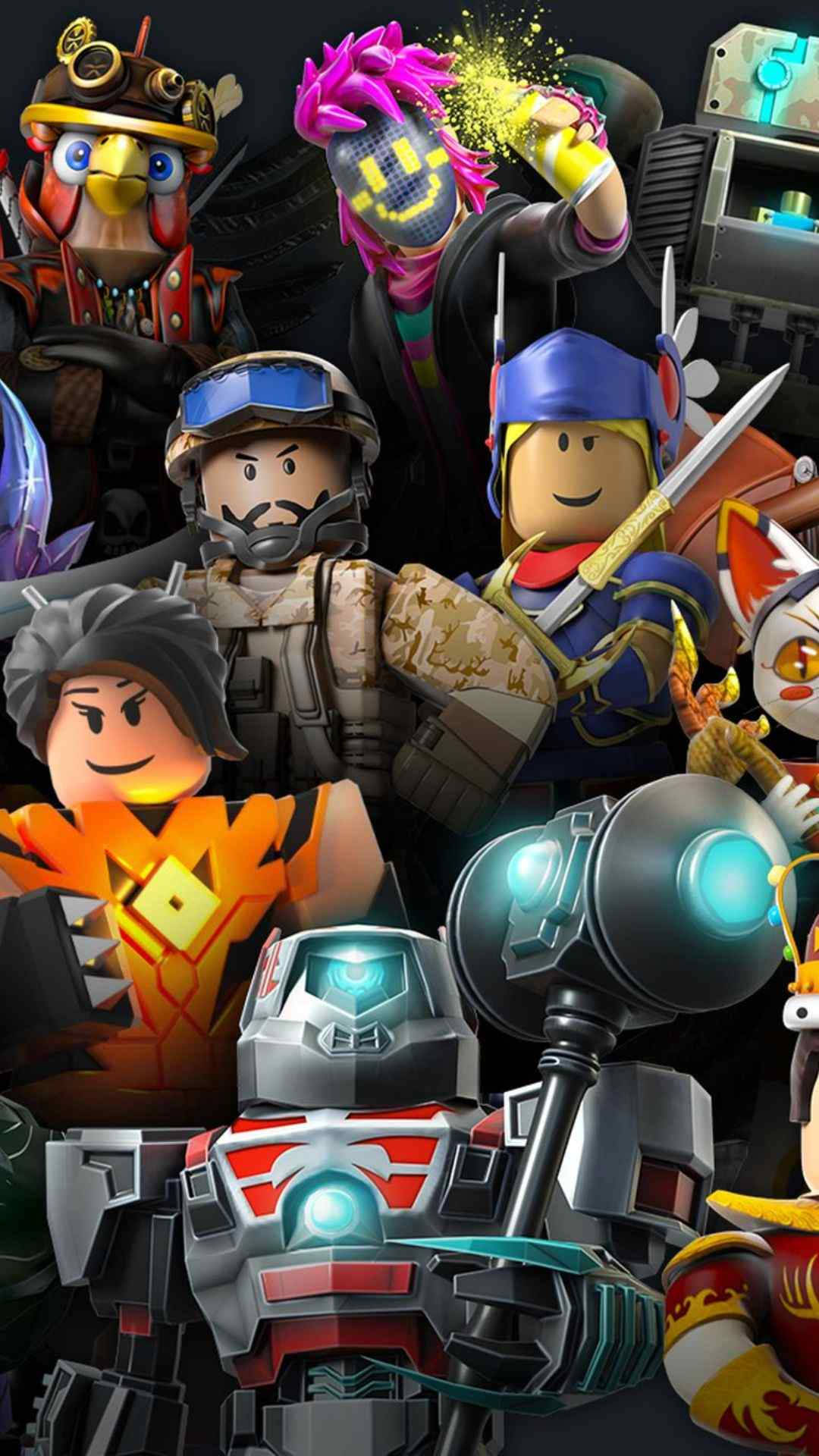 型格Roblox 桌布 壁紙 — 一群充滿活力的不同 Roblox 角色，以動態姿勢展示發光武器和色彩繽紛的服裝，背景為深色。