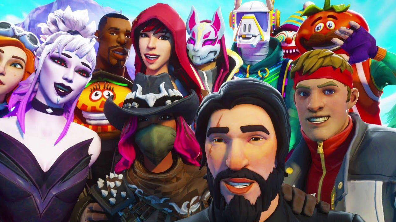 Fortnite 桌布 壁紙 — 一群充滿活力的不同Fortnite角色，穿著獨特服裝並展現獨特表情，一起擺姿勢。