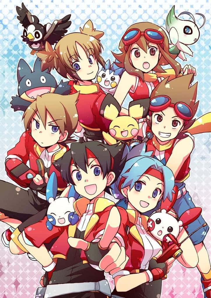 Pokemon Ranger 桌布 壁紙 — 一群充滿活力的動漫年輕訓練家與他們的寶可夢，在藍色和粉紅色圖案背景前歡樂聚集。