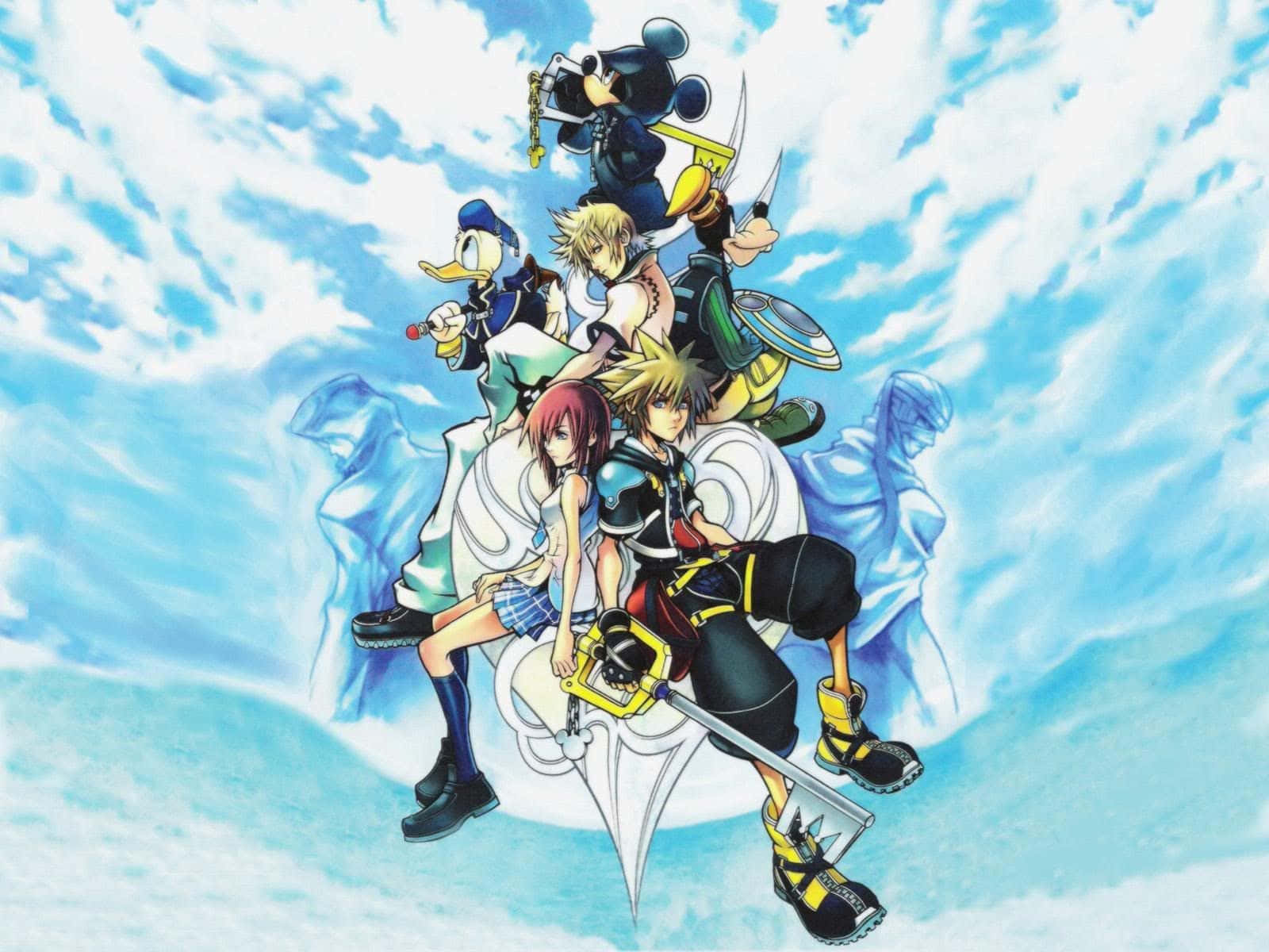 Kingdom Hearts 桌布 壁紙 — 一群充滿活力的動漫角色手持鑰刃，在藍天白雲中翱翔。