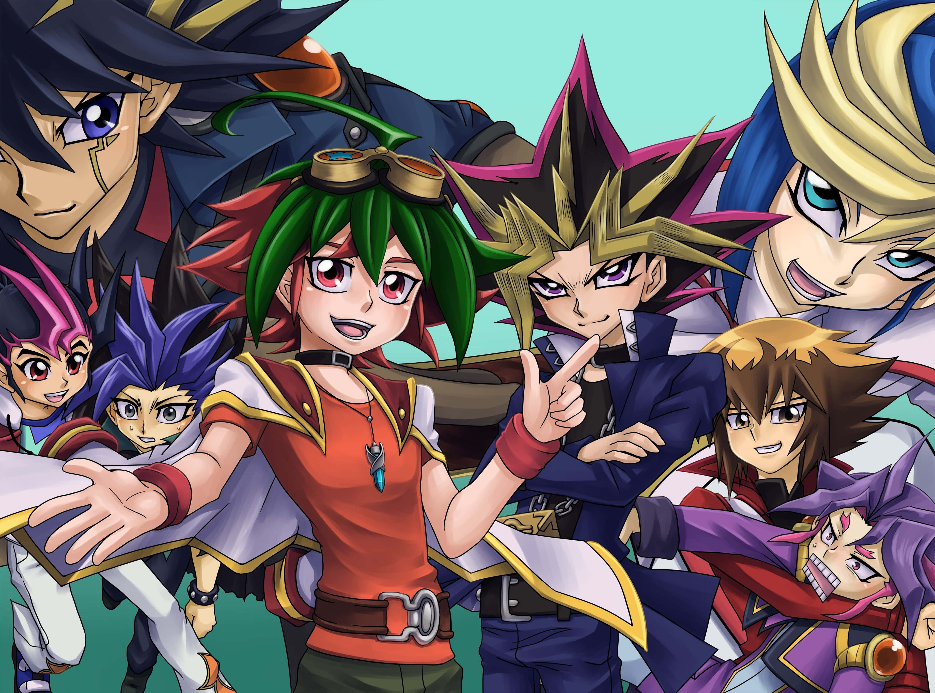 Yu-gi-oh Yuto 桌布 壁紙 — 一群充滿活力的動畫年輕決鬥者，擁有尖刺彩色頭髮和富有表現力的眼睛，在青綠色背景前自信地擺姿勢。