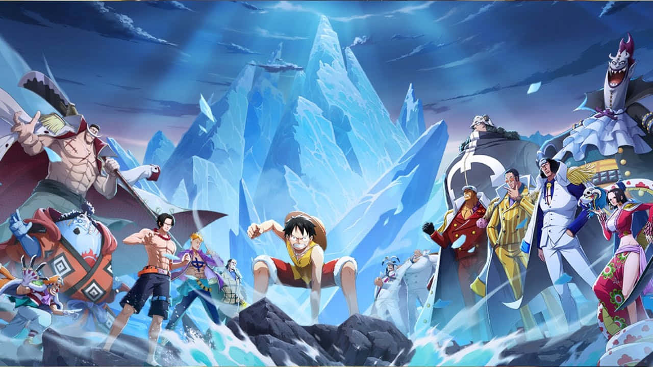 Marineford Aftermath 桌布 壁紙 — 一群充滿活力的動畫海盜在暴風雨的天空下，挑釁地站在冰冷的岩石上，面對著高聳的藍色冰山。
