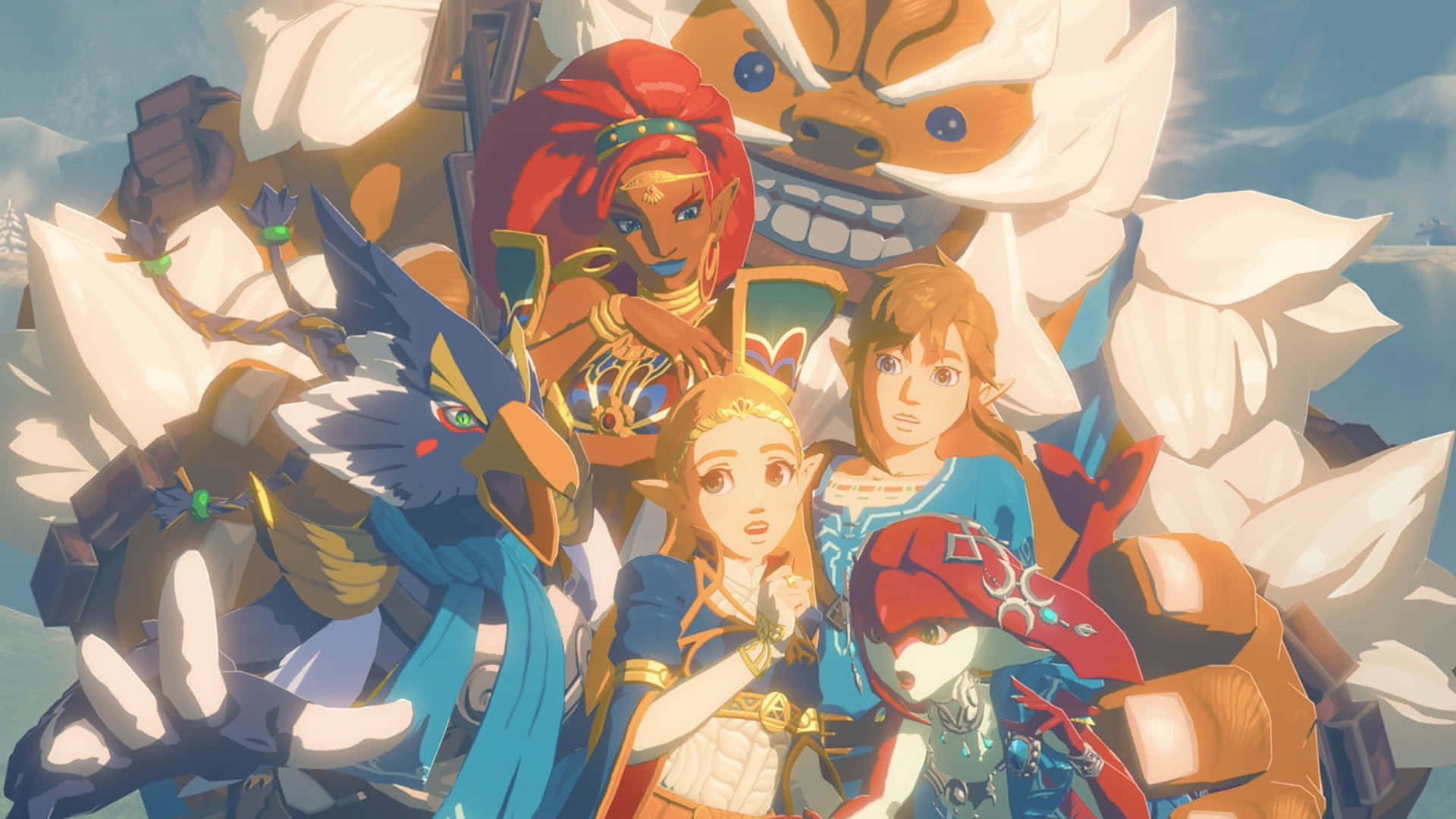 The Legend Of Zelda Characters 桌布 壁紙 — 一群充滿活力的動畫英雄和神話生物在明亮的天空和漂浮的岩石結構前英勇地擺出姿勢。