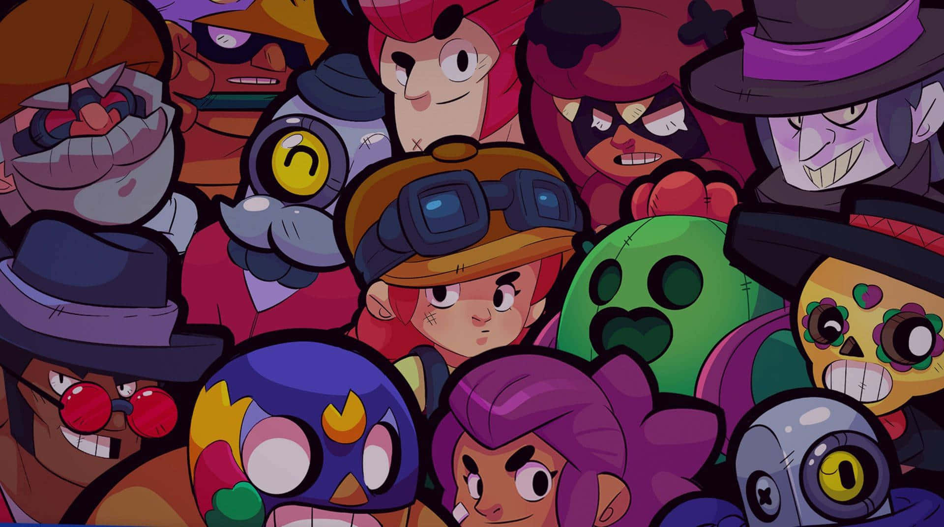 Cartoon Games 桌布 壁紙 — 一群充滿活力的卡通人物，包括各種Brawl Stars角色，色彩大膽，表情豐富。