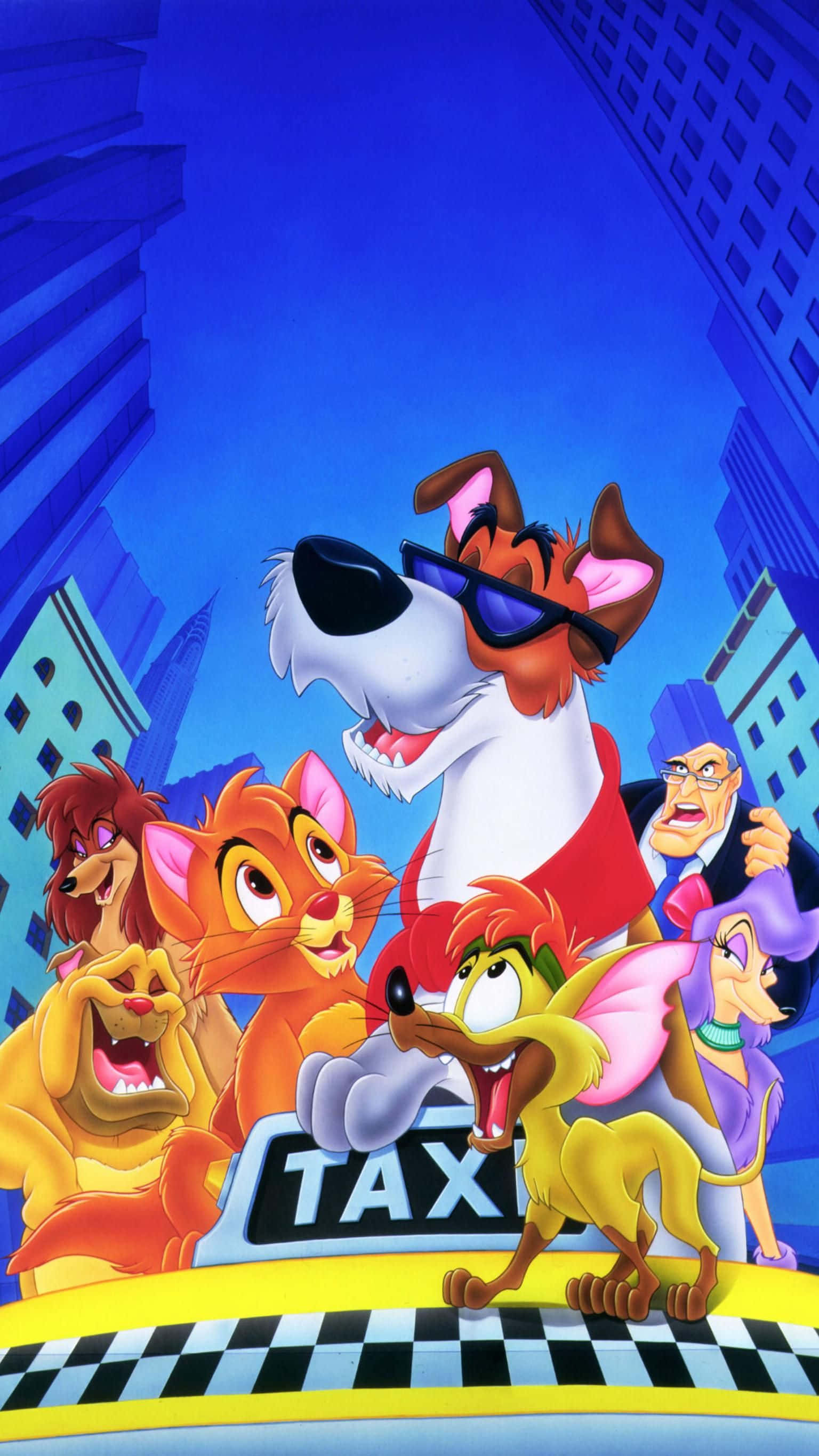 oliver and company 桌布 壁紙 — 一群充滿活力的卡通擬人化動物在黃色的士頂上愉快地擺姿勢，背景是風格化的藍色城市景觀。