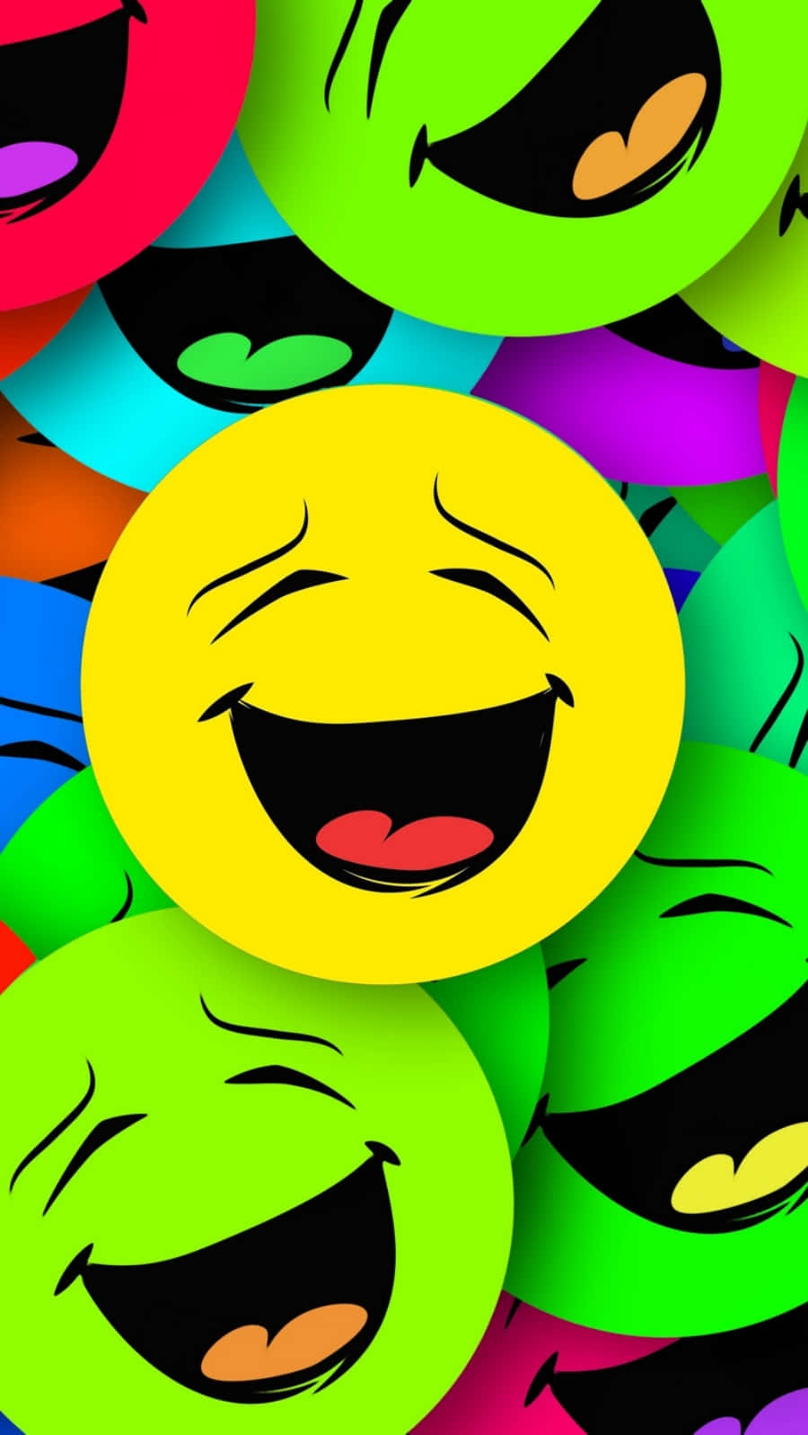 Smiley 桌布 壁紙 — 一群充滿活力的卡通表情符號，以鮮豔的彩虹色調，眨著眼、咧嘴大笑。