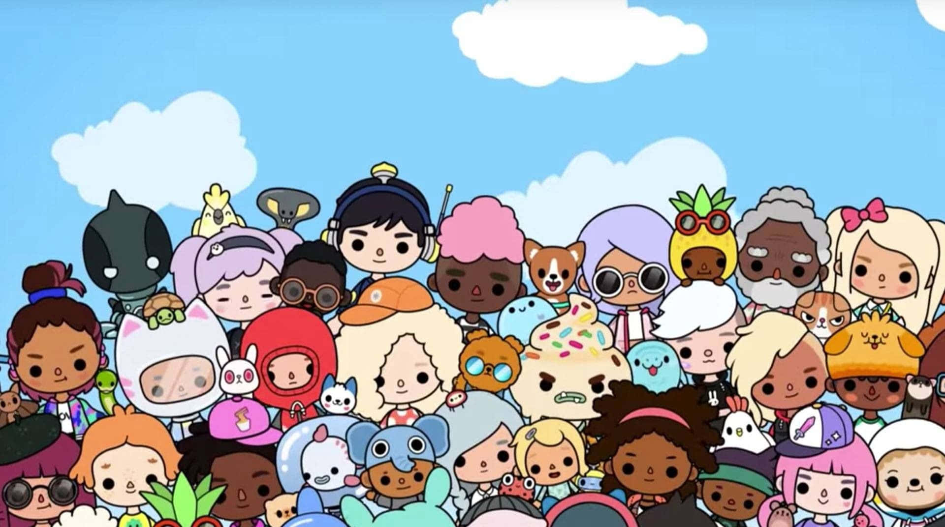 toca boca 桌布 壁紙 — 一群充滿活力的多元化Q版卡通人物，擁有色彩繽紛的頭髮和配飾，在明亮的藍天和蓬鬆的白雲下。