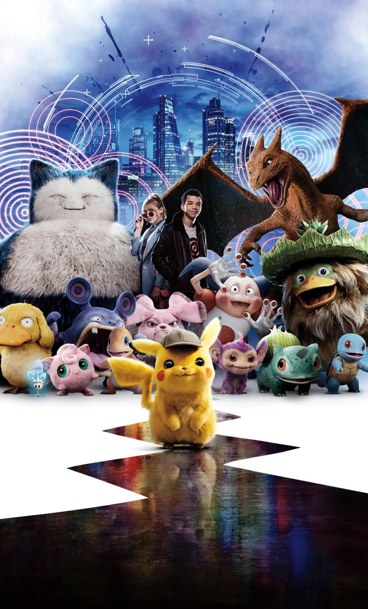 Pokemon 桌布 壁紙 — 一群充滿活力的寵物小精靈和人類站在風暴天空下閃耀的未來城市景觀前。