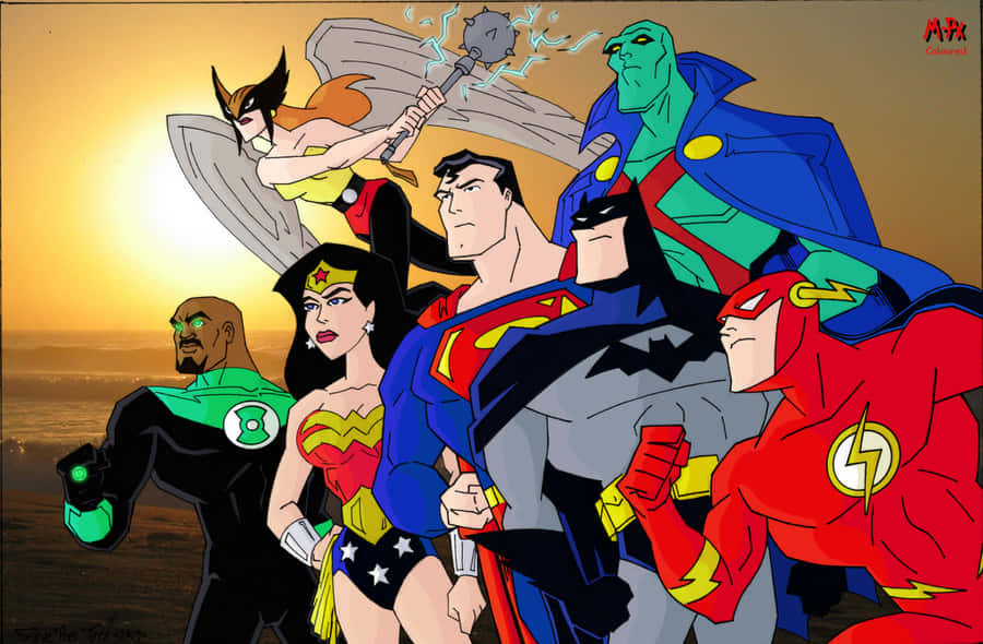 Justice League Unlimited 桌布 壁紙 — 一群充滿活力的標誌性超級英雄在燦爛的日落背景下英勇地站立。