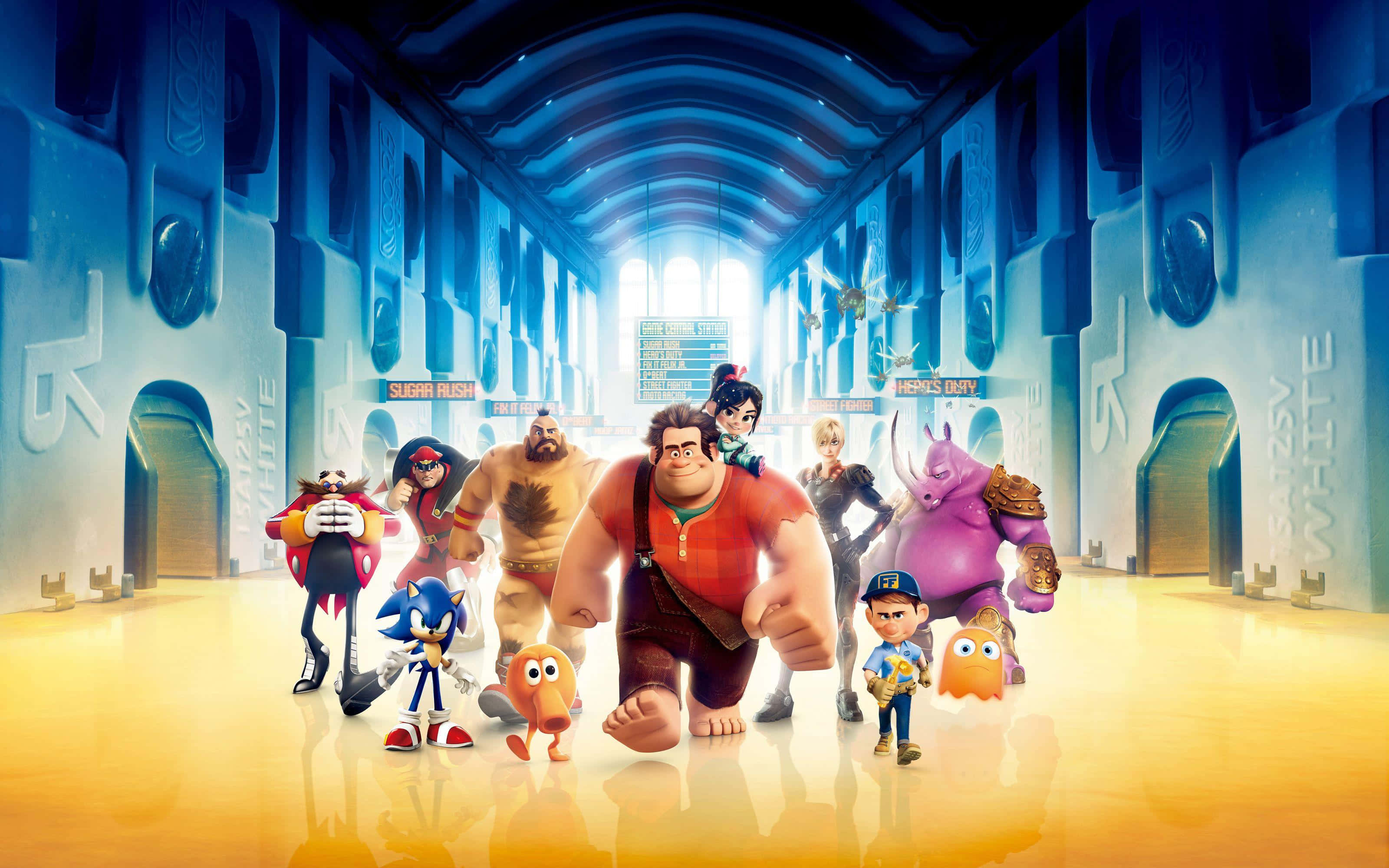 Disney 3d Movies 桌布 壁紙 — 一群充滿活力的標誌性電子遊戲角色動畫組，英勇地站在發光的未來風格街機走廊中。