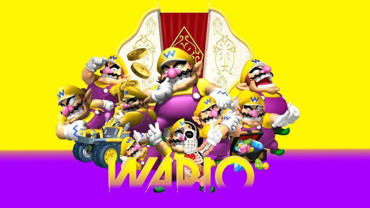 wario 桌布 壁紙 — 一群充滿活力的瓦利歐角色，身穿紫色和黃色裝備，在醒目的紫色和黃色漸變背景前充滿活力地擺出姿勢。