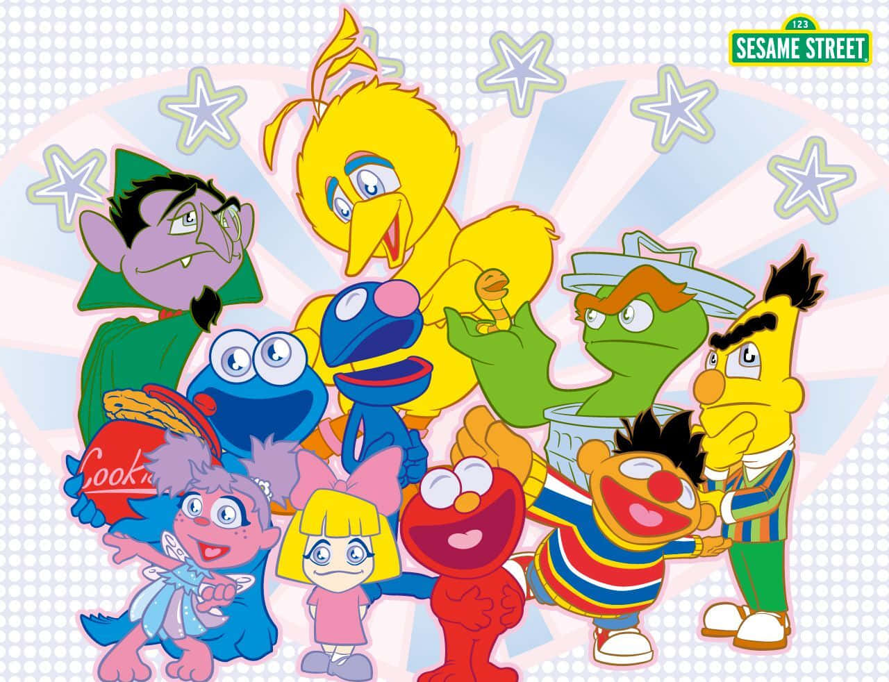 Sesame Street 桌布 壁紙 — 一群充滿活力的芝麻街角色，包括 Elmo、Cookie Monster 和 Big Bird，在星形放射狀背景前開心地擺姿勢。