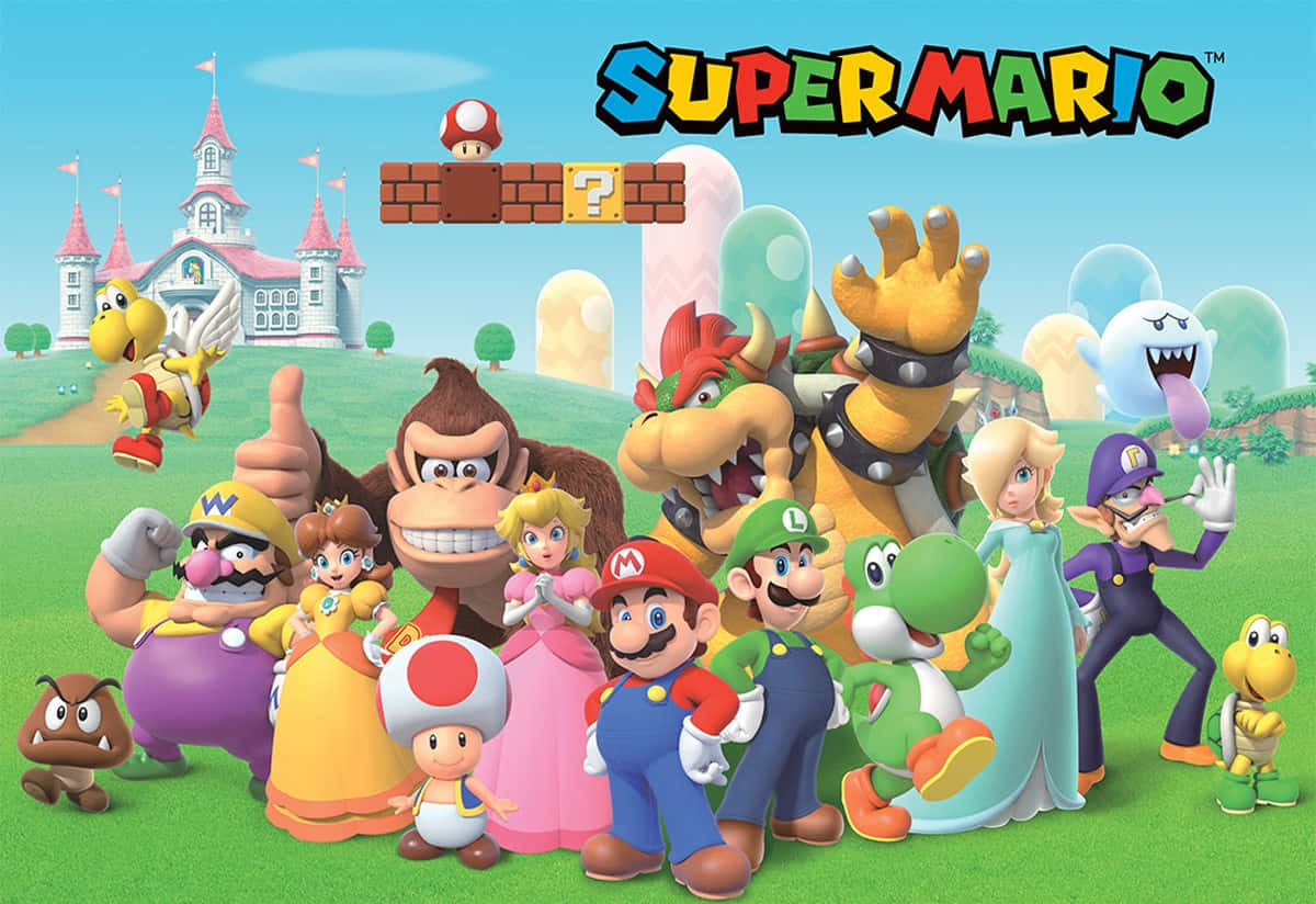 Mushroom Kingdom 桌布 壁紙 — 一群充滿活力的超級瑪利歐角色在陽光明媚的綠色山丘上愉快地擺姿勢，背景有一座城堡。